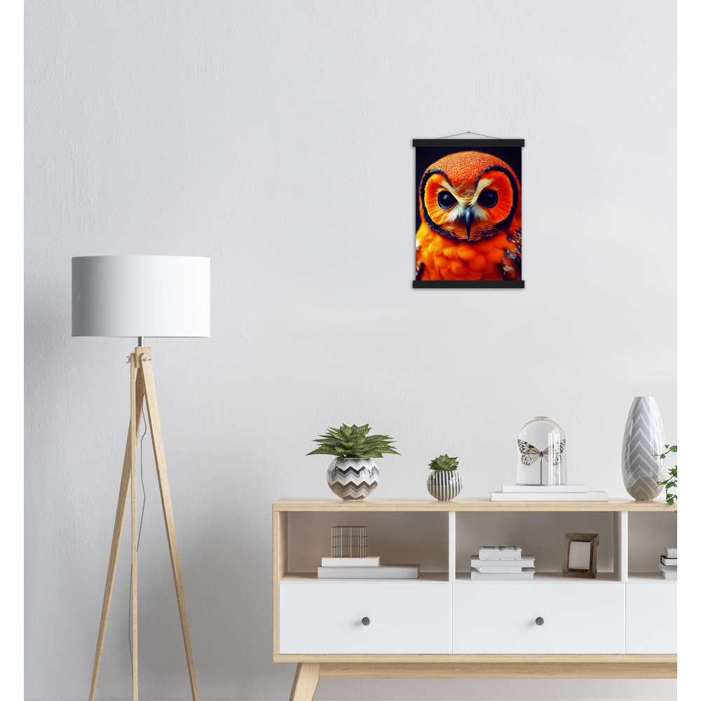 Poster mit Leisten (Holz) - Fruit Owl No. 1 - "Orangina", the orange owl - Serie Fruit Owls - Schleiereulen - lat. Tytonidae - Fruchteulen - Vogel - Bird - Strigiformes - Noctua - Ornithologie - Kunstwerk - Acryldruck - Poster mit Rahmen - Poster mit Leisten - Bedruckte Tassen - Kunst Marke - Art Brand - Pixelboys - Kunstdruck - Acrylbild - Wandbild - Kunstdrucke - Papier: 250g/qm - Künstler: John Grayst & Pixelboys - Eulen - Owl-  - Atelier - England - London - Birmingham - Manchester - Leeds - Liverpool  