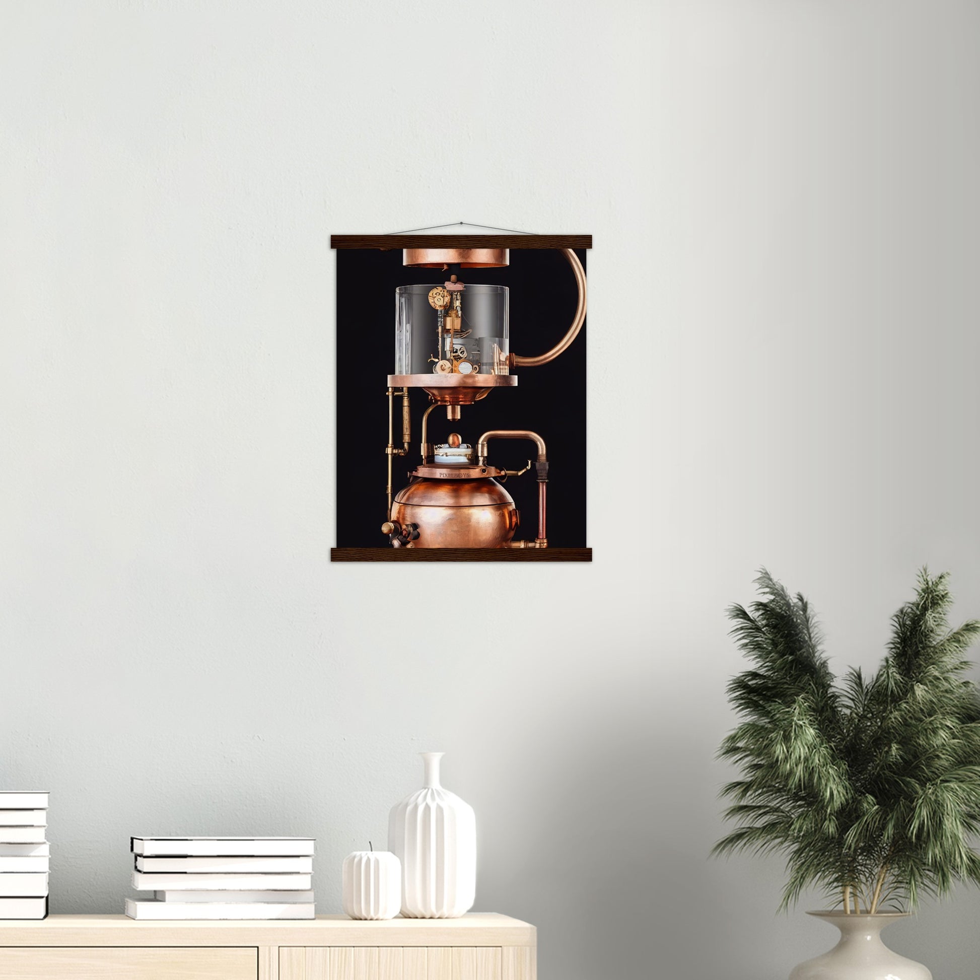 Poster mit Leisten (Holz) - Steampunk - Coffee Maker - No.6 - Collection Cup - Pixelboys - Wandbild - Kunstwerk - Hotelkunst - Kunst auf Postern - Fine Art - Steampunk - Future - Maschine - Poster with frame - Office Poster - Art Brand - Pixelboys - Coffee House - Restaurant Poster - Wall Art - Kunstdruck - Geschenkidee - Kunst auf Acrylglas - Future Coffee Cup - Personalisierbare Tasse - Gastro Tasse - exklusiv - Acryldruck - Gastronomie Poster - Hotelposter - Teestube - Steam Punk Kitchen -   