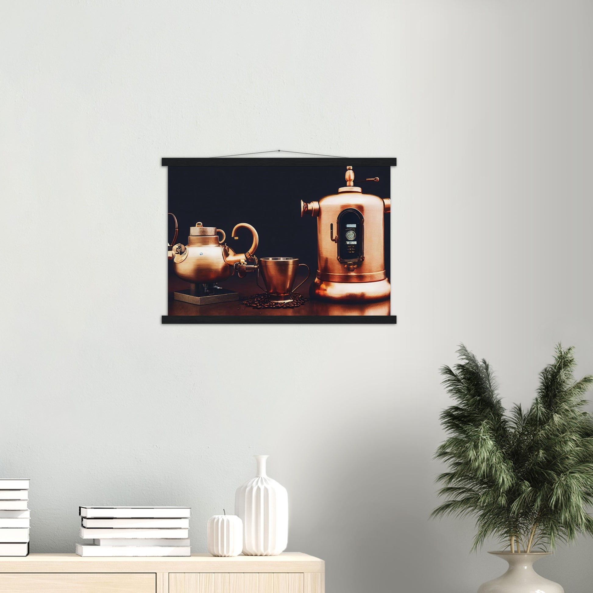 Poster mit Leisten (Holz) - in Museumsqualität - Steampunk - Coffee Maker - No.4 - Collection Cup - Pixelboys - Wandbild - Kunstwerk - Hotelkunst - Kunst auf Postern - Fine Art - Steampunk - Future - Maschine - Poster with frame - Office Poster - Art Brand - Pixelboys - Coffee House - Restaurant Poster - Wall Art - Kunstdruck - Geschenkidee - Kunst auf Acrylglas - Future Coffee Cup - Personalisierbare Tasse - Gastro Tasse - exklusiv - Acryldruck - Gastronomie Poster - Hotelposter - Steam Punk Kitchen -   