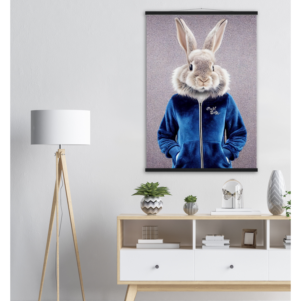 Poster mit Leisten (Holz) - Bunny in blue Tracksuit - "Caesar" - Gang - Wandbild - Ostern - Geschenkidee - Osterhase - Bunny Crew: "Caesar" - "Constantin" - "Titus" - "Cleo" - Weisser Hase - Easter Bunny - Cute - blue Tracksuit - sweats - Gang - Modemarke -Pixelboys Brand - Caesar der Hase - Meister Lampe - Hase - Kaninchen - Karnickel - Stallhase - Künstler: "Pixelboys" - Atelier - Germany - Berlin - Hamburg - Colgne - France - Paris - Italy - Rom - USA - America - New York City - Los Angeles - Chicago - 