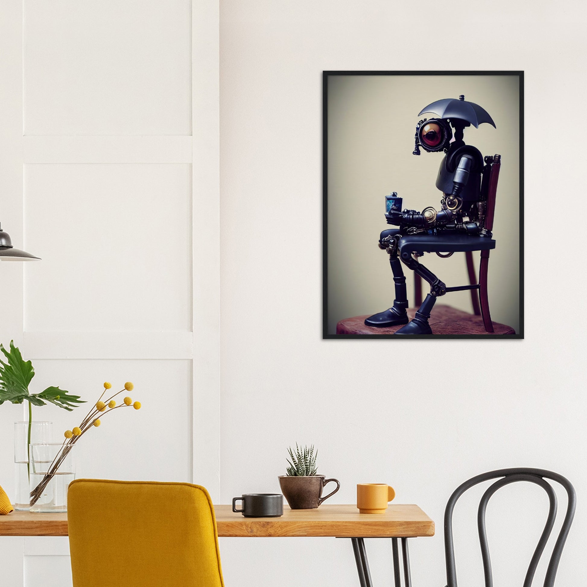 Poster mit Rahmen (Holz) in Museumsqualität - Tiny robot with an umbrella "Louis" - Regenschirm - Acryldruck - Wandkunst - Customizable Coffee Cup - Personalized Gifts - Kunstdruck - Kleine Roboter - Acryldruck - Little Robots - Personalized Gifts - Tiny  - Steampunk - zukunft - Poster with frame - Kunstwerk - Office Poster - Poster mit Rahmen - Kaffee Tasse - Poster - Bedruckte Tassen - Kunst Marke - Art Brand - Kunstdrucke - Künstler: John Grayst & Pixelboys - emotional robots - Geschenkidee -