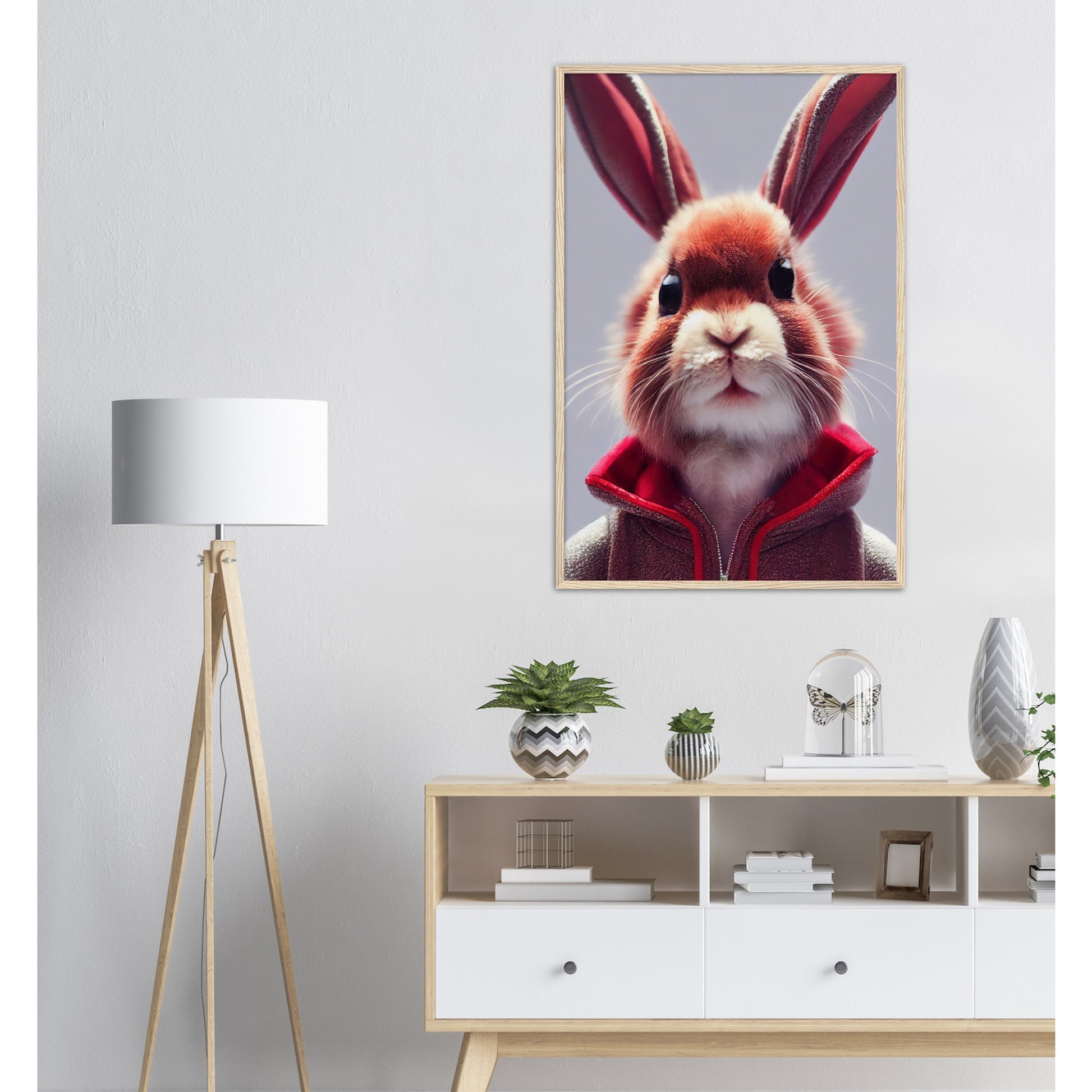 Poster mit Rahmen (Holz)- Museumsqualität - Bunny in grey red tracksuit - "Julius" - personalized mug - customized mug - Cute rabbit - Marke:- Pixelboys - Brand - Art Prints - Marke - Wandkunst - Papierstärke: 250g/qm - Wall Art - Bunny crey - Skater Betty - Hasen Gang - Original - Künstler:Pixelboys - Poster with frame - Office Poster - Trend - Wandschmuck - Atelier USA - 