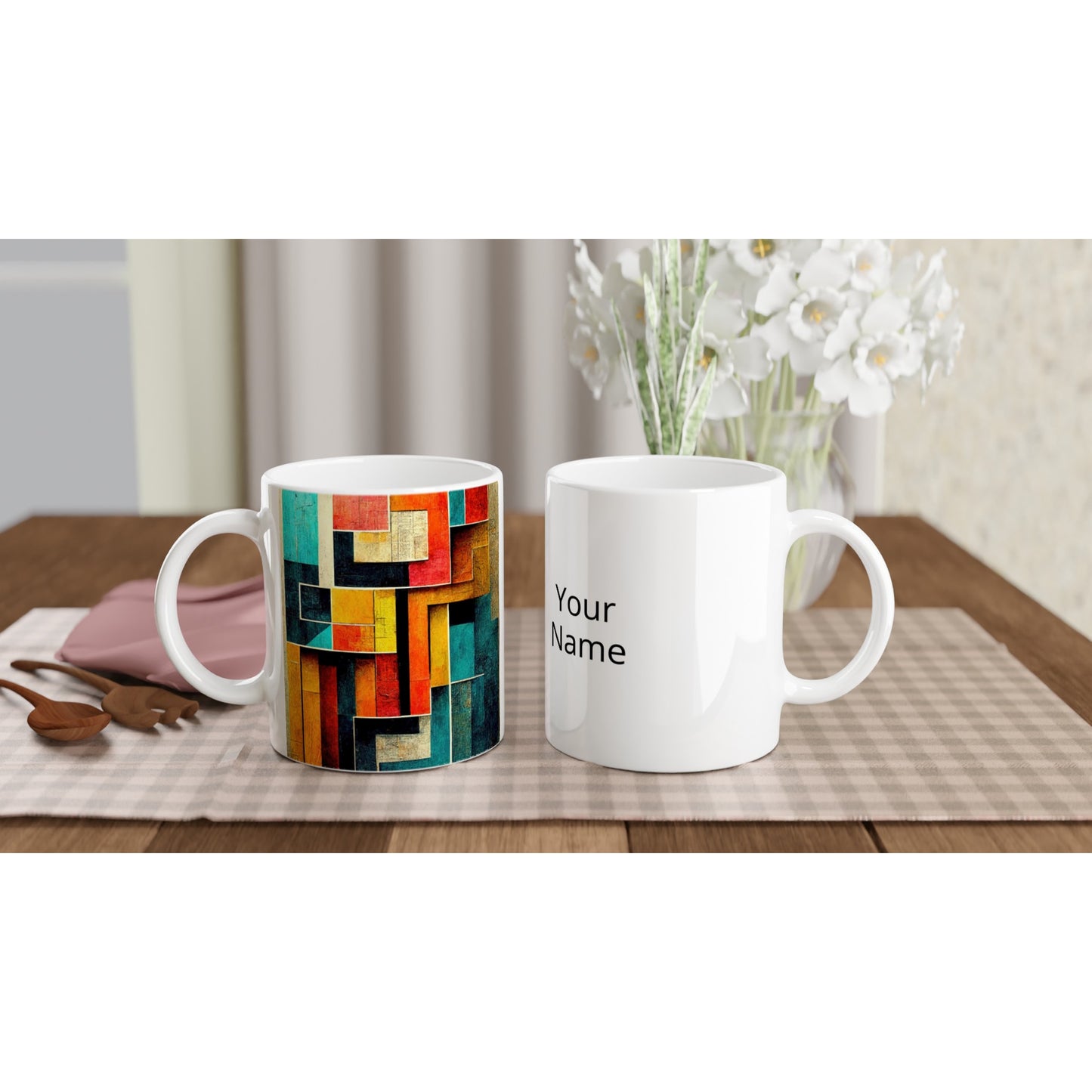 Personalized mug - Abstract cubistic painting on wood