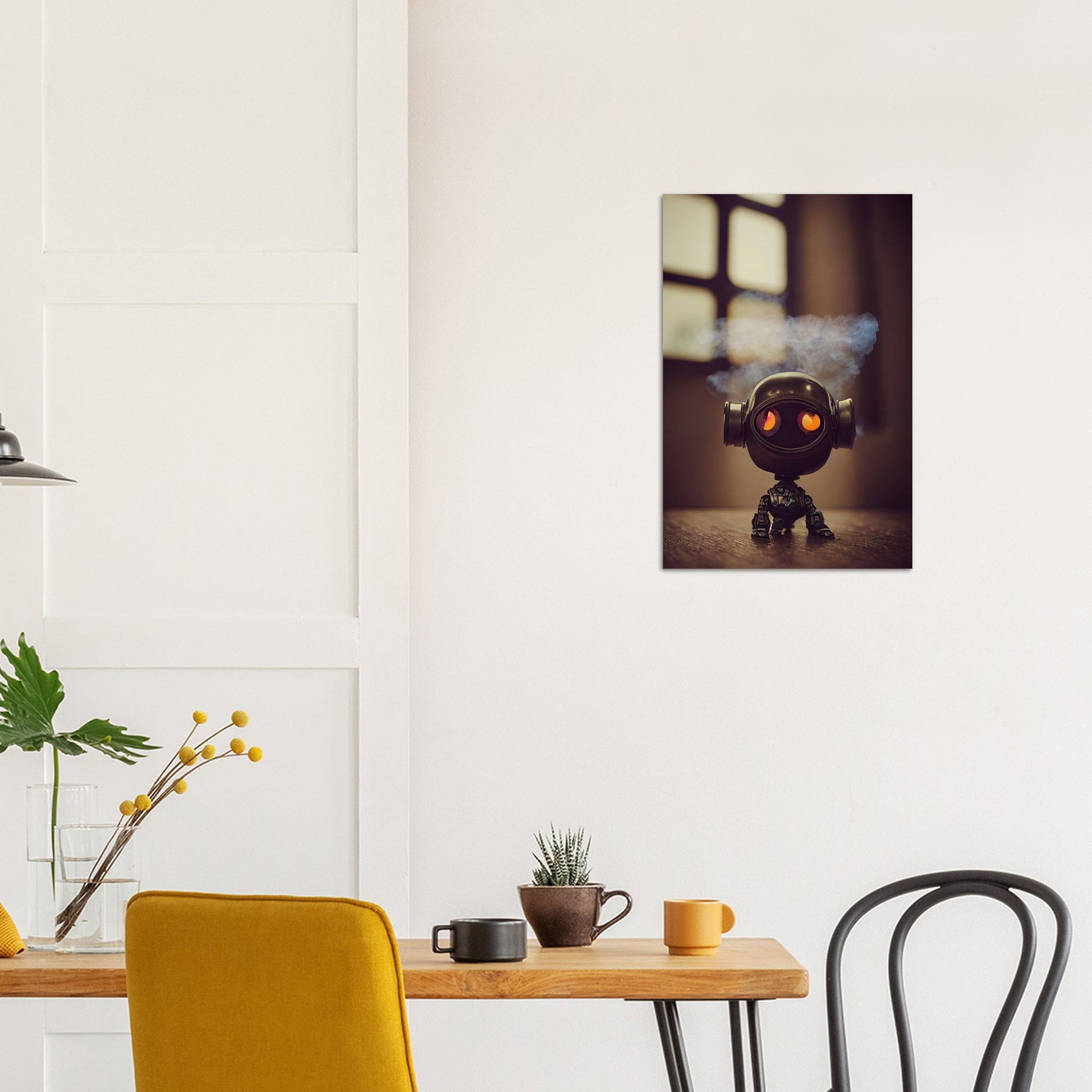 Poster in Museumsqualität - Tiny robot - with smoke around his head - "Tiny Tim" - Wandbild - Customizable Coffee Cup - Museumsqualität - Personalized Gifts - Kunstdruck - Rauchender Roboter - Steampunk - Acryldruck - Smoking Robots - Personalized Gifts - Poster with frame - blech - nr.5 lebt - zukunft - Kunstwerk - Office Poster - Poster mit Rahmen - Kaffee Tasse  - Bedruckte Tassen - Kunst Marke - Art Brand - Wandbild - Kunstdrucke - Künstler: John Grayst & Pixelboys - emotional robots - Geschenkidee -