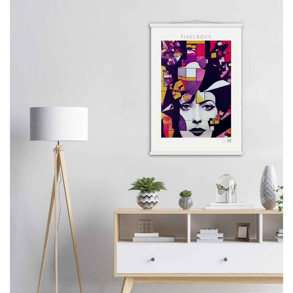 Poster mit Leisten (Holz) - The Queen No.1 - HRH in cubes - Kunstdruck - Queen Elisabeth II - Monarch - HRH - His/Her Royal Highness - Groß Britannien - Commonwealth - The Royal Family - Wandbild - Kubismus - synthetischen Kubismus - Georges Braque - Künstler: "John Grayst" - Atelier - UK - GB - London - 