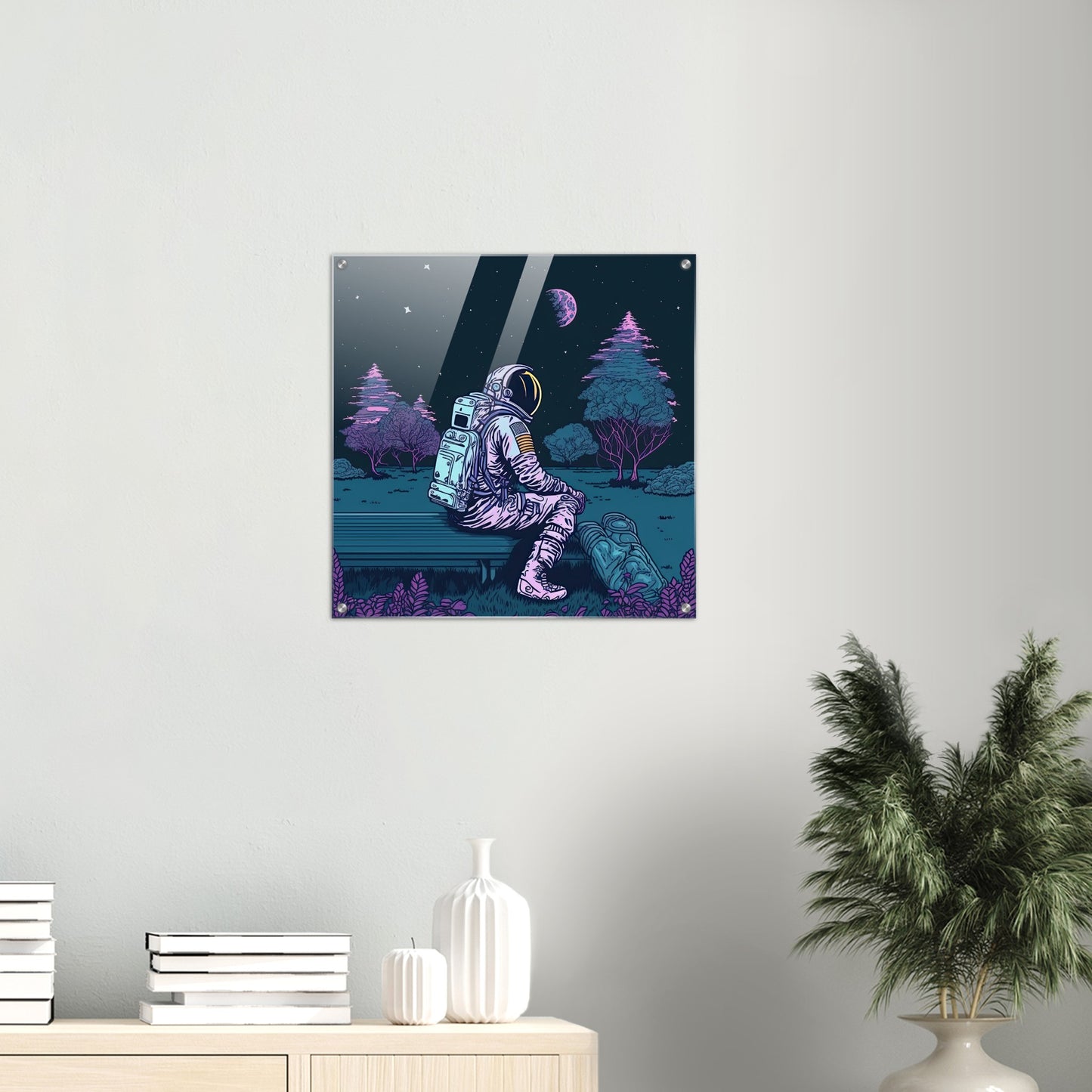 Acrylbild auf Glas - in Museumsqualität - Stargazing Astronaut - John - Illustration - Astronaut - Parkbank - Rocketman - Posterleisten - USA - Fineart - Posterrahmen  - Wandkunst - Holzrahmen - Poster with frame - artwork - art brand - printed cup personalized - Holzleisten - pixelboys - Kunstdrucke - wandbilder - wall art - Kunst auf Tassen  - Office Poster - Gastrotassen - Wanddekoration - Acrylkunst - Geschenkidee - Office Poster - Acryldruck - Abstrakte Kunst -