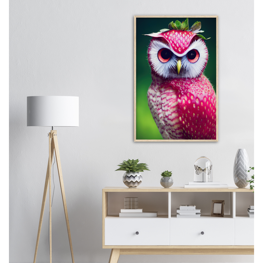 Poster in Rahmen (Holz) - Fruit Owl No. 2 - "Berry", the Strawberry Owl - Serie Fruit Owls - Wandkunst - Kunstdruck - (fiktiv: lat.  Pulsatrix Fragaria) - Erdbeere - Schleiereulen - Fruchteulen - Vogel - Bird - Strigiformes - Noctua - Ornithologie - Kunstwerk  - Office Poster - Poster mit Rahmen - Kaffee Tasse - Poster mit Leisten - Bedruckte Tassen - Kunst Marke - Art Brand - Acrylbild - Wandbild - Kunstdrucke - Papier: 250g/qm - Künstler: John Grayst & Pixelboys - Eulen - Owl - Geschenkidee - 