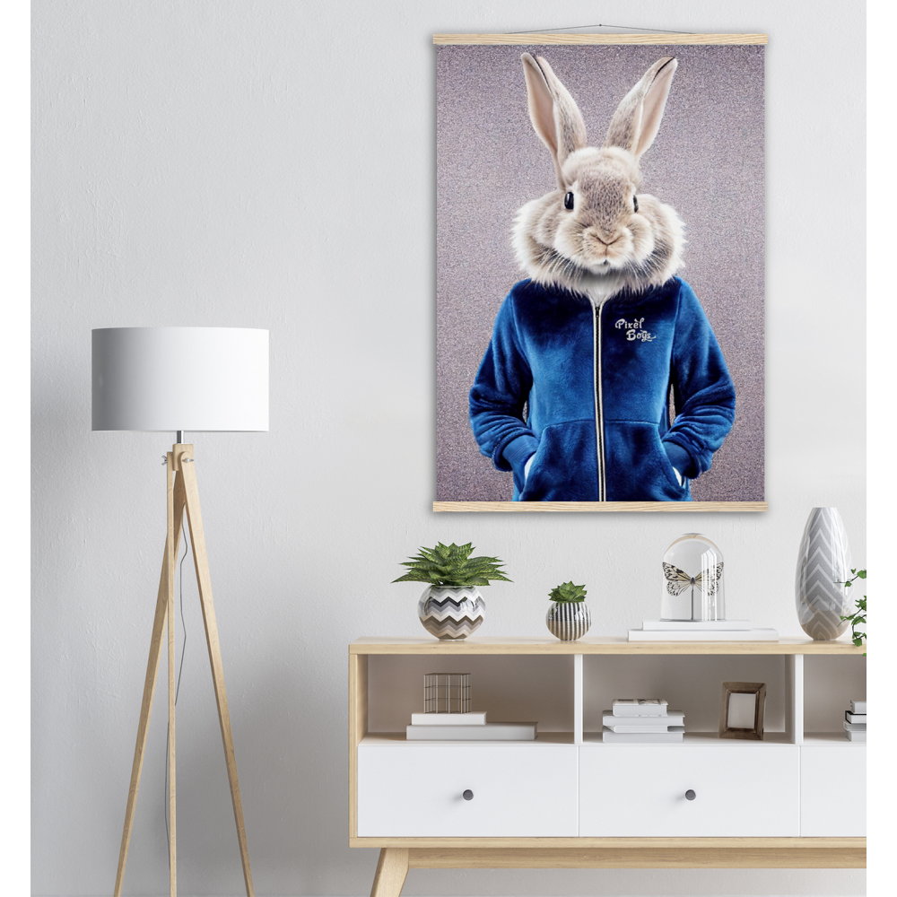 Poster mit Leisten (Holz) - Bunny in blue Tracksuit - "Caesar" - Gang - Wandbild - Ostern - Geschenkidee - Osterhase - Bunny Crew: "Caesar" - "Constantin" - "Titus" - "Cleo" - Weisser Hase - Easter Bunny - Cute - blue Tracksuit - sweats - Gang - Modemarke -Pixelboys Brand - Caesar der Hase - Meister Lampe - Hase - Kaninchen - Karnickel - Stallhase - Künstler: "Pixelboys" - Atelier - Germany - Berlin - Hamburg - Colgne - France - Paris - Italy - Rom - USA - America - New York City - Los Angeles - Chicago - 