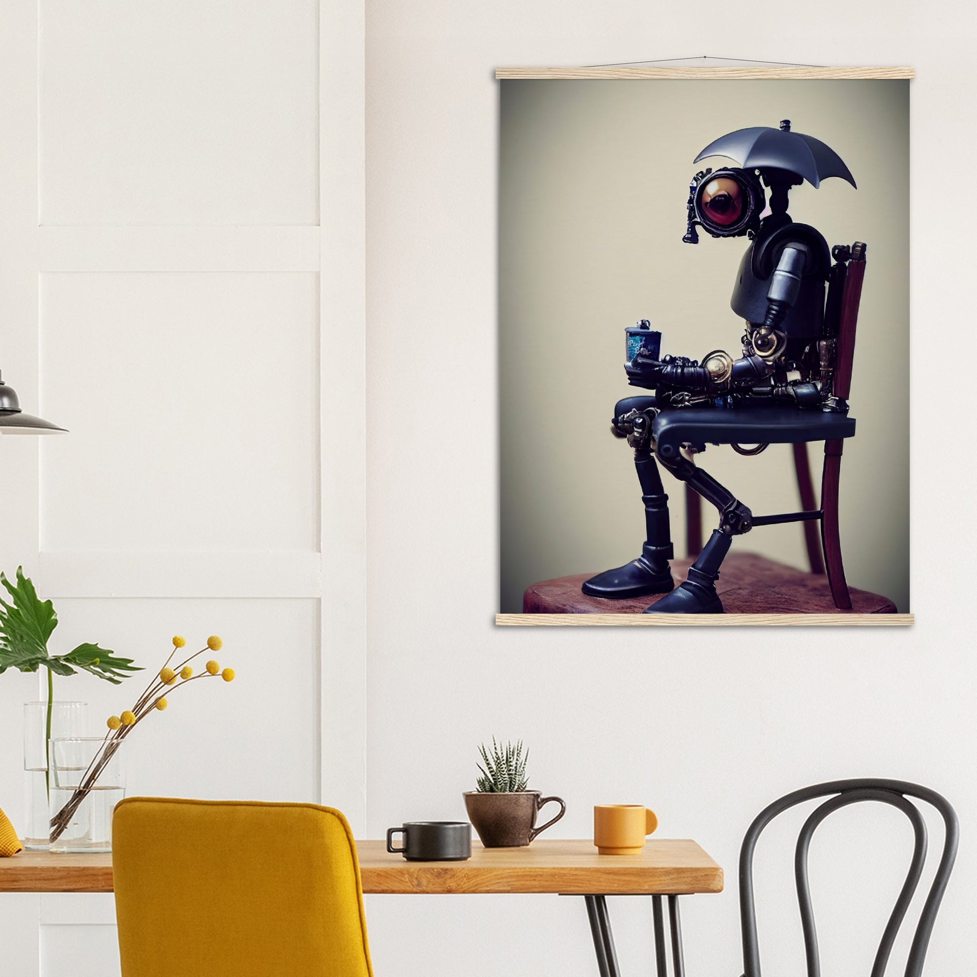  Poster mit Leisten (Holz) in Museumsqualität - Tiny robot with an umbrella "Louis" - Regenschirm - Acryldruck - Wandkunst - Customizable Coffee Cup - Personalized Gifts - Kunstdruck - Kleine Roboter - Acryldruck - Little Robots - Personalized Gifts - Tiny  - Steampunk - zukunft - Poster with frame - Kunstwerk - Office Poster - Poster mit Rahmen - Kaffee Tasse - Poster - Bedruckte Tassen - Kunst Marke - Art Brand - Kunstdrucke - Künstler: John Grayst & Pixelboys - emotional robots - Geschenkidee -