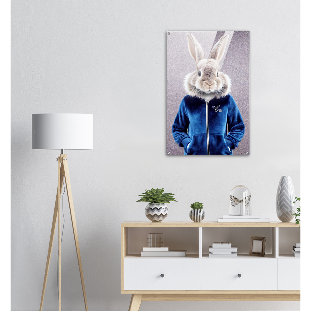 Acrylbild - Bunny in blue Tracksuit - "Caesar" - Fashion - Gang - Wandbild - Acryldruck - Ostern - Geschenkidee - Osterhase - Bunny Crew: "Caesar" - "Constantin" - "Titus" - "Cleo" - Weisser Hase - Easter Bunny - Cute - blue Tracksuit - sweats - Gang - Modemarke -Pixelboys Brand - Caesar der Hase - Meister Lampe - Hase - Kaninchen - Karnickel - Künstler: "Pixelboys" - Atelier - Germany - Berlin - Hamburg - Colgne - France - Paris - Italy - Rom - USA - America - New York City - Los Angeles - Chicago - 