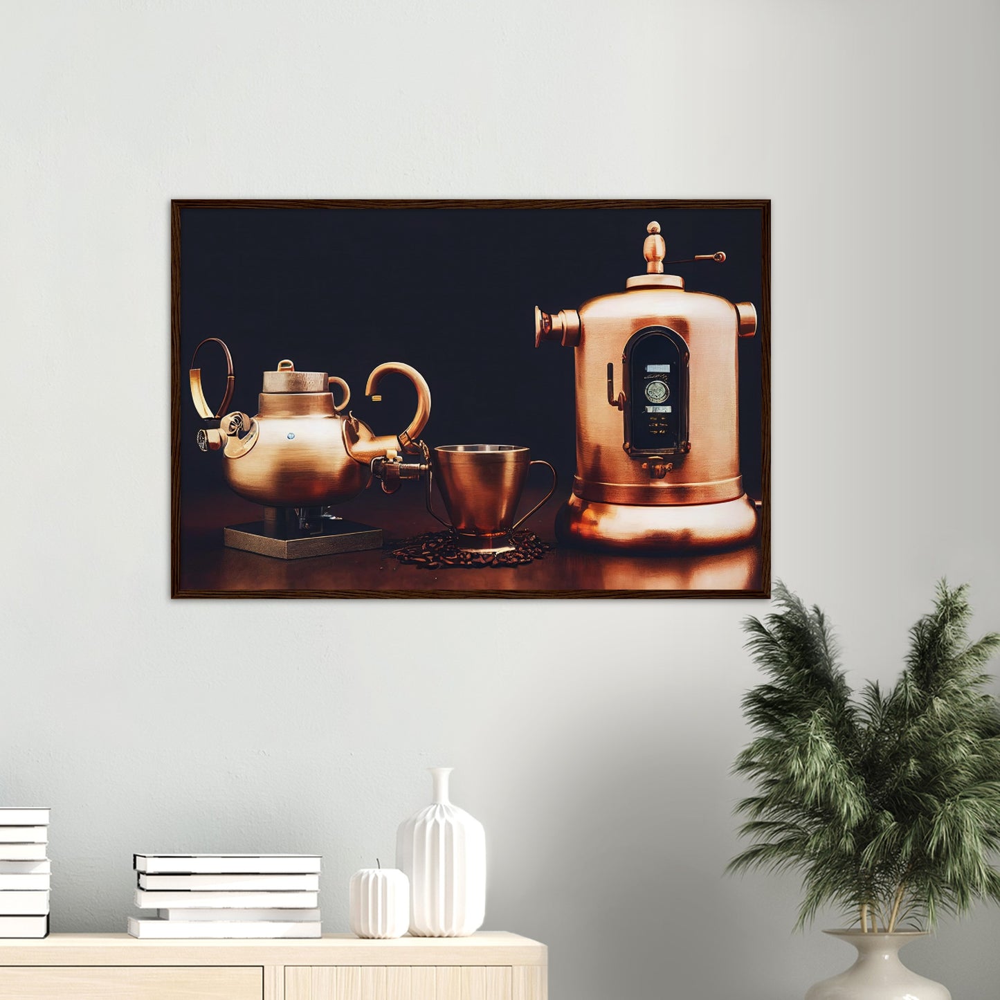 Poster mit Rahmen (Holz) - in Museumsqualität - Steampunk - Coffee Maker - No.4 - Collection Cup - Pixelboys - Wandbild - Kunstwerk - Hotelkunst - Kunst auf Postern - Fine Art - Steampunk - Future - Maschine - Poster with frame - Office Poster - Art Brand - Pixelboys - Coffee House - Restaurant Poster - Wall Art - Kunstdruck - Geschenkidee - Kunst auf Acrylglas - Future Coffee Cup - Personalisierbare Tasse - Gastro Tasse - exklusiv - Gastronomie Poster - Hotelposter - Steam Punk Kitchen - Acryldruck