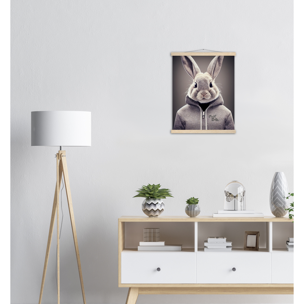 Poster mit Leisten (Holz) - Bunny in grey Hoodie - "Constantin" - Fashion Gang - Wandbild - Ostern - Geschenkidee - Osterhase - Bunny Crew: "Constantin" - "Caesar" - "Titus" - "Cleo" - Weisser Hase - Easter Bunny - Cute - grey Hoodie - sweats - Alice's Adventures in Wonderland - Modemarke - Pixelboys Brand - Constantin der Hase - Hase - Kaninchen  - Künstler: "Pixelboys" - Atelier - Germany - Berlin - Hamburg - Colgne - France - Paris - Italy - Rom - USA - America - New York City - Los Angeles - Chicago - 