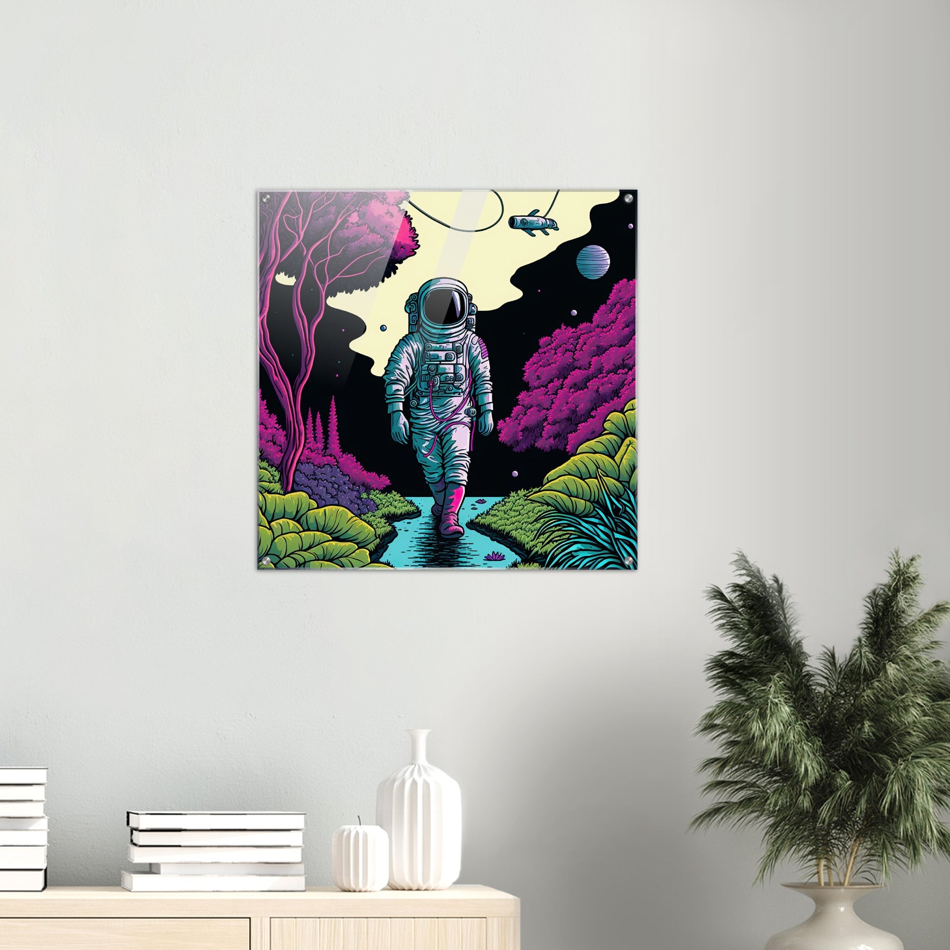 Acrylbild auf Glas in Museumsqualität - Wandering Astronaut - Stephen - Illustration - Astronaut - Panorama - Rocketman - Posterleisten - USA - Fineart - Posterrahmen  - Wandkunst - Holzrahmen - Poster with frame - artwork - art brand - printed cup personalized - Holzleisten - pixelboys - Kunstdrucke - wandbilder - wall art - Kunst auf Tassen  - Office Poster - Gastrotassen - Wanddekoration - Acrylkunst - Geschenkidee - Office Poster - Acryldruck - Abstrakte Kunst -