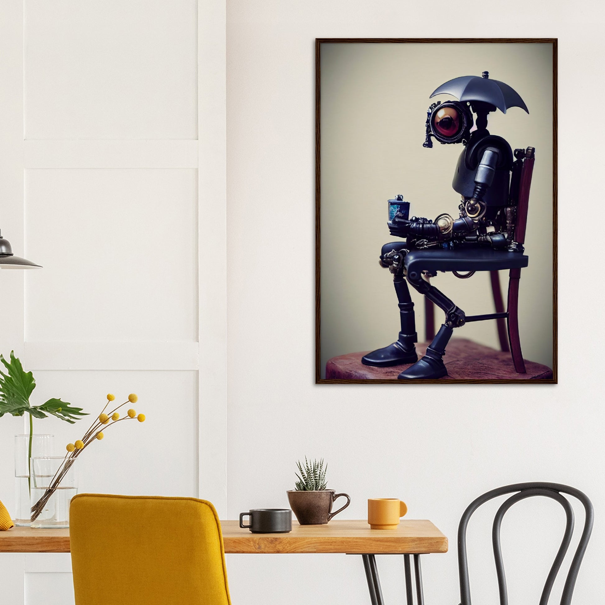 Poster mit Rahmen (Holz) in Museumsqualität - Tiny robot with an umbrella "Louis" - Regenschirm - Acryldruck - Wandkunst - Customizable Coffee Cup - Personalized Gifts - Kunstdruck - Kleine Roboter - Acryldruck - Little Robots - Personalized Gifts - Tiny  - Steampunk - zukunft - Poster with frame - Kunstwerk - Office Poster - Poster mit Rahmen - Kaffee Tasse - Poster - Bedruckte Tassen - Kunst Marke - Art Brand - Kunstdrucke - Künstler: John Grayst & Pixelboys - emotional robots - Geschenkidee -