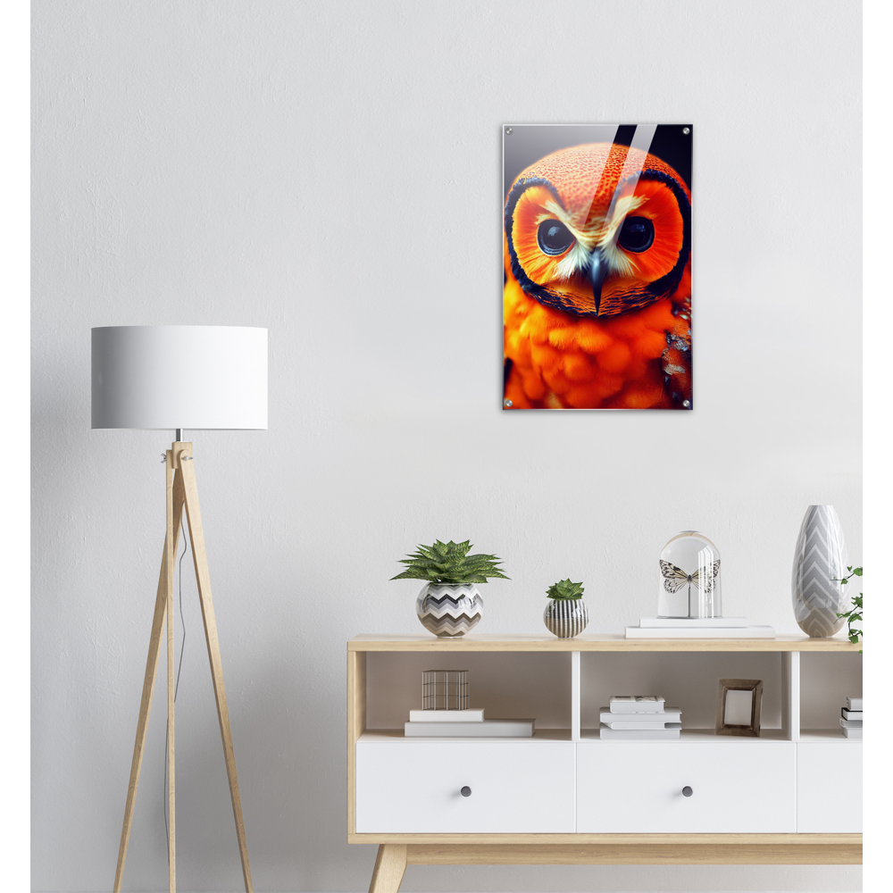 Acrylbild - Fruit Owl No. 1 - "Orangina", the orange owl - Serie Fruit Owls - Schleiereulen - lat. Tytonidae - Fruchteulen - Vogel - Bird - Strigiformes - Noctua - Ornithologie - Kunstwerk - Acryldruck - Poster mit Rahmen - Poster mit Leisten - Bedruckte Tassen - Kunst Marke - Art Brand - Pixelboys - Kunstdruck - Acryldruck - Wandbild - Kunstdrucke - Papier: 250g/qm - Künstler: John Grayst & Pixelboys - Eulen - Owl-  - Atelier - England - London - Birmingham - Manchester - Leeds - Liverpool  