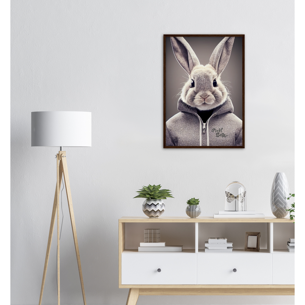 Poster mit Rahmen (Holz) - Bunny in grey Hoodie - "Constantin" - Fashion Gang - Wandbild - Ostern - Geschenkidee - Osterhase - Bunny Crew: "Constantin" - "Caesar" - "Titus" - "Cleo" - Weisser Hase - Easter Bunny - Cute - grey Hoodie - sweats - Alice's Adventures in Wonderland - Modemarke - Pixelboys Brand - Constantin der Hase - Hase - Kaninchen  - Künstler: "Pixelboys" - Atelier - Germany - Berlin - Hamburg - Colgne - France - Paris - Italy - Rom - USA - America - New York City - Los Angeles - Chicago - 