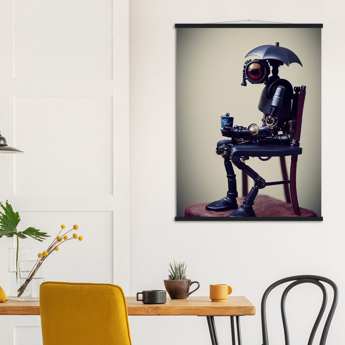  Poster mit Leisten (Holz) in Museumsqualität - Tiny robot with an umbrella "Louis" - Regenschirm - Acryldruck - Wandkunst - Customizable Coffee Cup - Personalized Gifts - Kunstdruck - Kleine Roboter - Acryldruck - Little Robots - Personalized Gifts - Tiny  - Steampunk - zukunft - Poster with frame - Kunstwerk - Office Poster - Poster mit Rahmen - Kaffee Tasse - Poster - Bedruckte Tassen - Kunst Marke - Art Brand - Kunstdrucke - Künstler: John Grayst & Pixelboys - emotional robots - Geschenkidee -