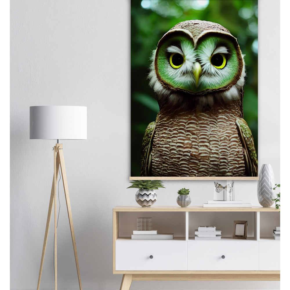 Poster mit Leisten (Holz) - Fruit Owl No. 4 - "Kiki", the Kiwi Owl - Wandkunst - Kunstdruck - (lat. tyto actinidia) - Kiwi Eule - Kiwi Owl - Fruchteulen - Vogel - Bird - Strigiformes - Noctua - Ornithologie - Kunstwerk  - Office Poster - Poster mit Rahmen - Kaffee Tasse - Poster mit Leisten - Bedruckte Tassen - Kunst Marke - Art Brand - Acryldruck - Wandbild - Kunstdrucke - Papier: 250g/qm - Künstler: John Grayst & Pixelboys - Eulen - Owl - Geschenkidee - 