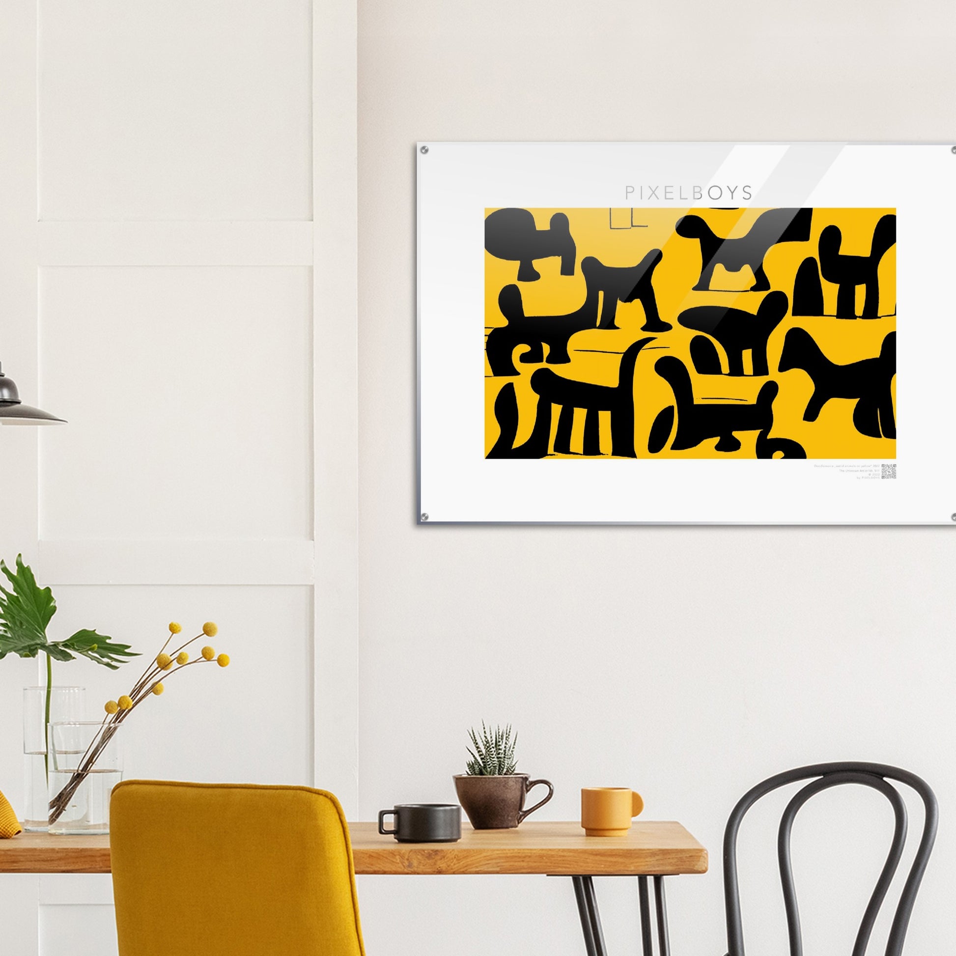 Acrylbild - Doodlemania "weird animals on yellow" - No.3 - bedruckte Tasse-  gelb - Cup - Hunde - Katzen - Doodle Kunst - dogs - Cats - gastro - Poster mit Rahmen - doodle artwork - Acrylbild - Kunstdruck - Wandbild - office Poster - Poster with frame -  Künstler: Pixelboys & The Unknown Artist Nb.517 - keith haring - Gastro Art - anti stress art - Art Brand - Kunstdruck - Gastro Tasse - 