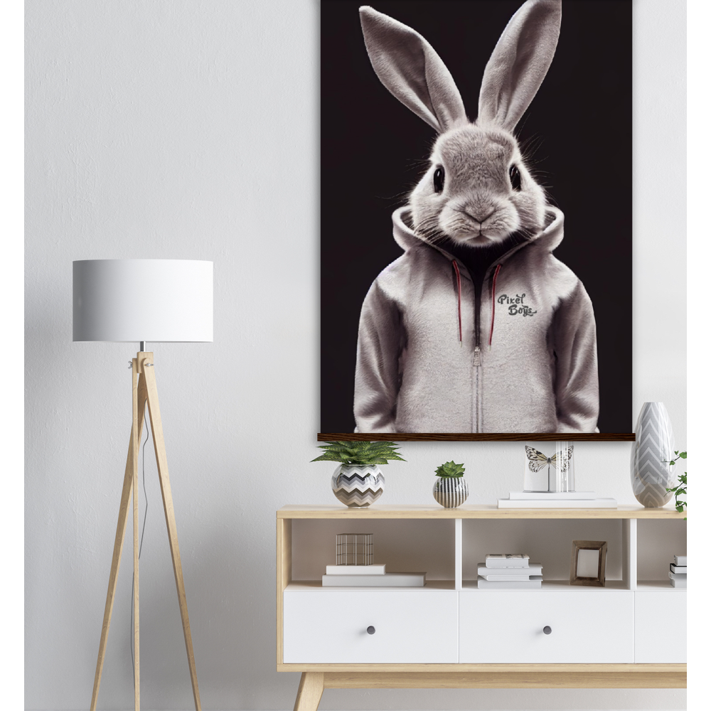 Poster mit Leisten (Holz) - Bunny in grey tracksuit - Fashion Gang - Wandbild - Ostern - Geschenkidee - Osterhase - Bunny Crew: "Valerian" - "Caesar" - "Constantin" - "Cleo"-Titus - Weisser Hase - Easter Bunny - Cute - grey tracksuit - sweats - Alice's Adventures in Wonderland - Modemarke - Pixelboys Brand - Valerian der Hase - Kaninchen  - Künstler: "Pixelboys" - Atelier - Germany - Berlin - Hamburg - Colgne - France - Paris - Italy - Rom - USA - America - New York City - Los Angeles - Chicago - 