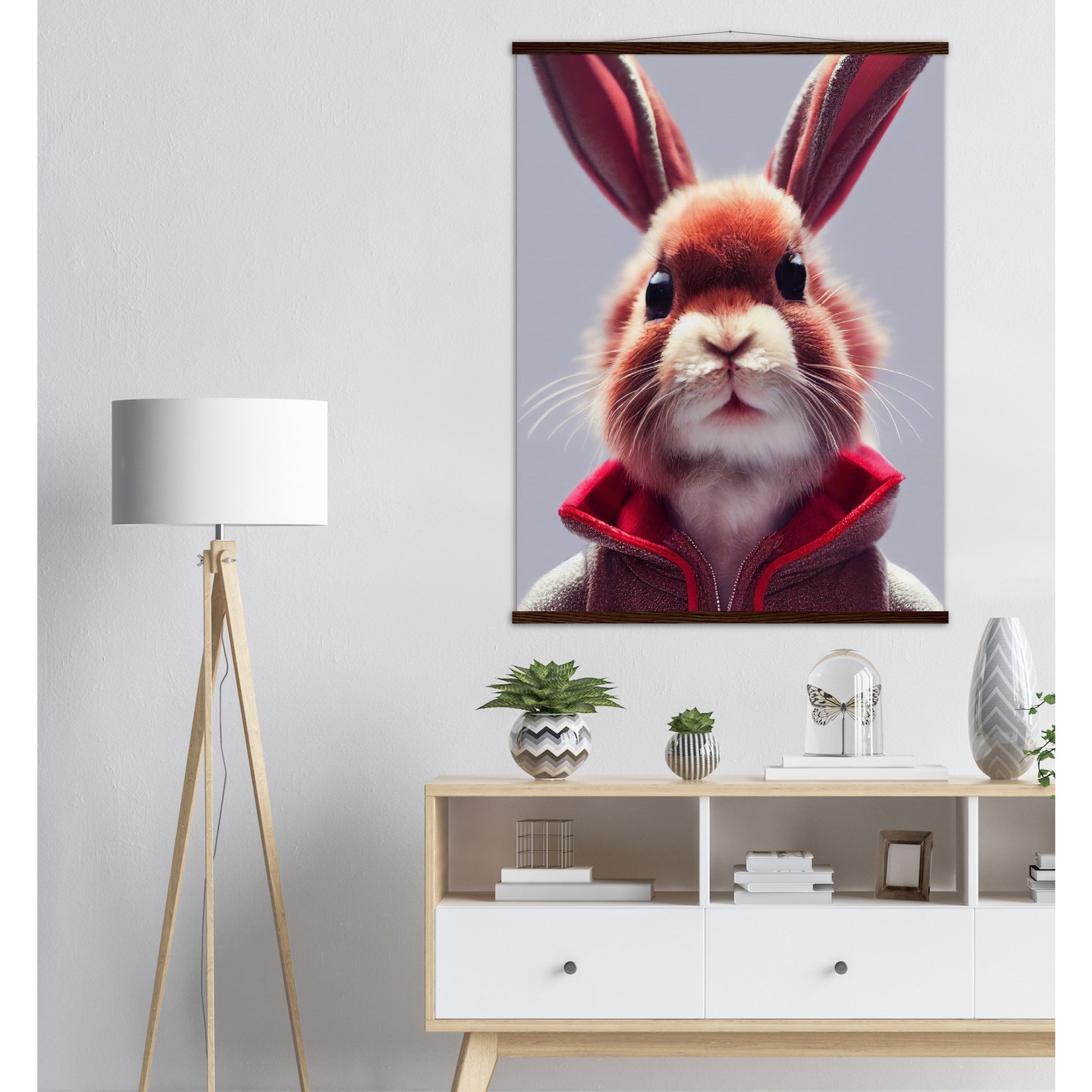 Poster mit Leisten (Holz)- Museumsqualität - Bunny in grey red tracksuit - "Julius" - personalized mug - customized mug - Cute rabbit - Marke:- Pixelboys - Brand - Art Prints - Marke - Wandkunst - Papierstärke: 250g/qm - Wall Art - Bunny crew - Skater Betty - Hasen Gang - Original - Künstler:Pixelboys - Poster with frame - Office Poster - Acrylkunst - Trend - Wandschmuck - Acrylbild - Atelier Canada - 