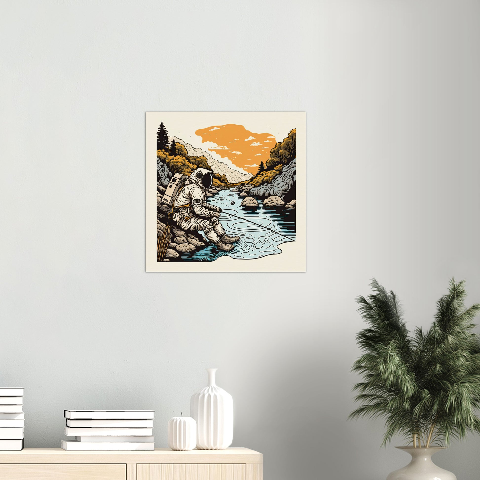 Poster in Museumsqualität - Fishing Astronaut - Buzz - Angeln - Astronaut - Natur - Posterleisten - USA - Fineart - Posterrahmen  - Wandkunst - Holzrahmen - Poster with frame - people of color - artwork - art brand - printed cup personalized - Holzleisten - pixelboys - Kunstdrucke - wandbilder - wall art - Kunst auf Tassen  - Office Poster - Gastrotassen - Wanddekoration - Acrylkunst - Geschenkidee - Office Poster - Acryldruck - Abstrakte Kunst -