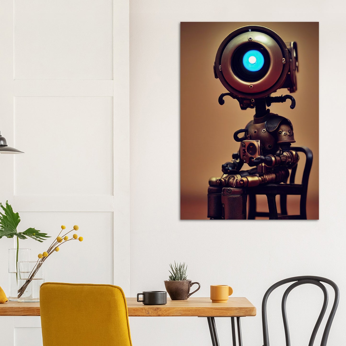 Poster in Museumsqualität -  Tiny robot with coffee - "Bobby" - Wandkunst - Papierdicke: 250g/qm - Customizable Coffee Cup - Personalized Gifts - Kunstdruck - Kleine Roboter - Steampunk - Acryldruck - Little Robots - Personalized Gifts - Tiny  - Steampunk - zukunft - Poster with frame - Kunstwerk - Office Poster - Poster mit Rahmen - Kaffee Tasse - Poster - Bedruckte Tassen - Kunst Marke - Art Brand - Wandbild - Kunstdrucke - Künstler: John Grayst & Pixelboys - emotional robots - Geschenkidee -