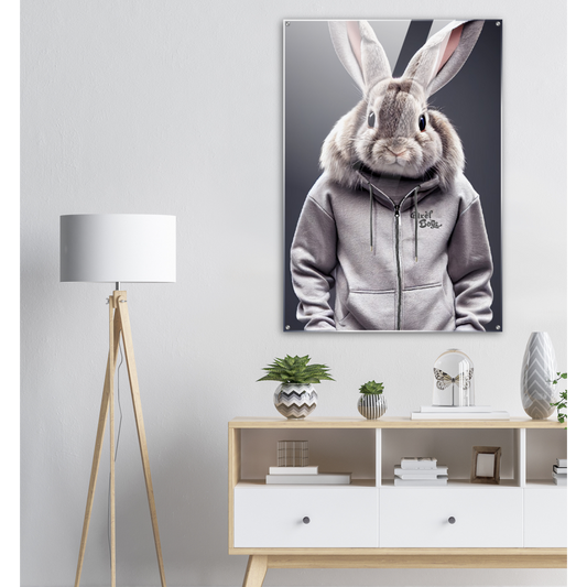 Acrylbild - Bunny in grey Tracksuit - "Titus" - Fashion Gang - Acryldruck - Ostern - Geschenkidee - Osterhase - Bunny Crew: "Titus" - "Caesar" - "Constantin" - "Cleo" - Weisser Hase - Easter Bunny - Cute - grey tracksuit - sweats - Alice's Adventures in Wonderland - Modemarke - Pixelboys Brand - Constantin der Hase - Hase - Kaninchen  - Künstler: "Pixelboys" - Atelier - Germany - Berlin - Hamburg - Colgne - France - Paris - Italy - Rom - USA - America - New York City - Los Angeles - Chicago - 