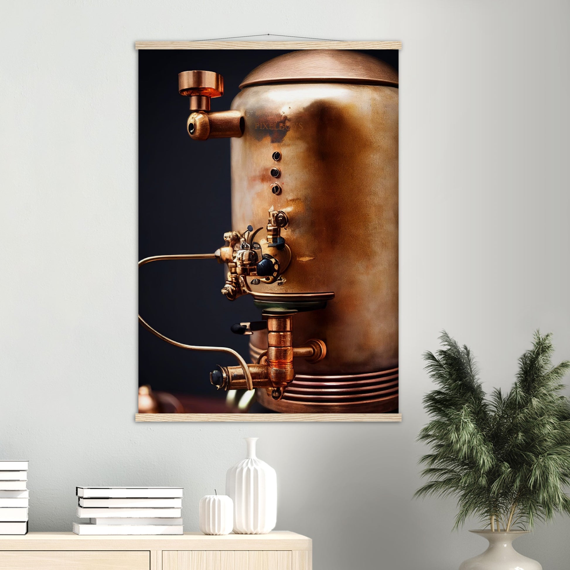 Poster mit Leisten (Holz) - Steampunk - Coffee Maker - No.5 - Collection Cup - Pixelboys - Wandbild - Kunstwerk - Hotelkunst - Kunst auf Postern - Fine Art - Steampunk - Future - Maschine - Poster with frame - Office Poster - Art Brand - Pixelboys - Coffee House - Restaurant Poster - Wall Art - Kunstdruck - Geschenkidee - Kunst auf Acrylglas - Future Coffee Cup - Personalisierbare Tasse - Gastro Tasse - exklusiv - Acryldruck - Gastronomie Poster - Hotelposter - Steam Punk Kitchen -   