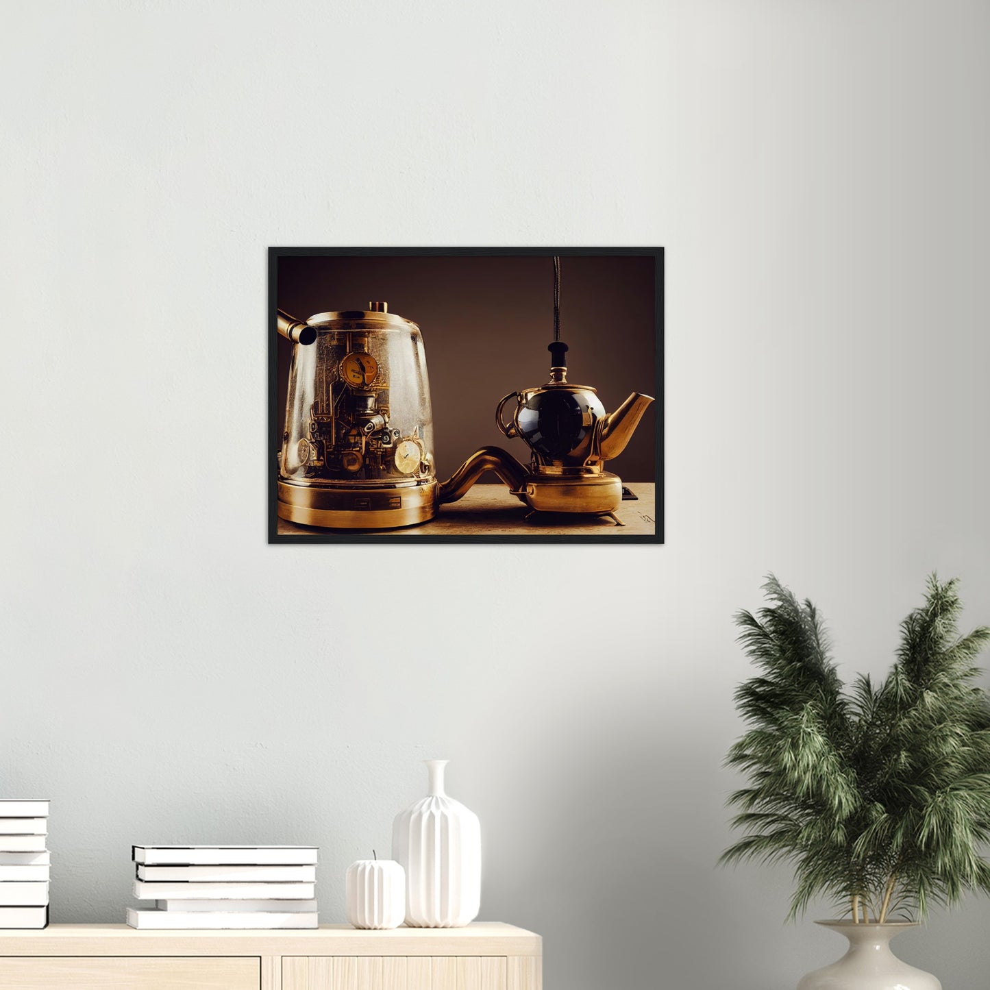 Poster mit Rahmen (Holz) - in Museumsqualität - Steampunk - Coffee Maker - No.2 - Pixelboys - Wandbild - Kunstwerk - Hotelkunst - Kunst auf Postern - Fine Art - Steampunk - Future - Maschine - Poster with frame - Office Poster - Art Brand - Pixelboys - Coffee House - Restaurant Poster - Schöner Wohnen - Dekoration - Wall Art - Kunstdruck - Geschenkidee - Kunst auf Acrylglas - Future Coffee Cup - Personalisierbare Tasse - Gastro Poster -  Gewerbliche Poster - exklusiv - Gastronomie Poster - Hotelposter -