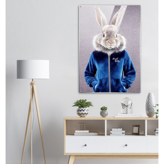 Acrylbild - Bunny in blue Tracksuit - "Caesar" - Fashion - Gang - Wandbild - Acryldruck - Ostern - Geschenkidee - Osterhase - Bunny Crew: "Caesar" - "Constantin" - "Titus" - "Cleo" - Weisser Hase - Easter Bunny - Cute - blue Tracksuit - sweats - Gang - Modemarke -Pixelboys Brand - Caesar der Hase - Meister Lampe - Hase - Kaninchen - Karnickel - Künstler: "Pixelboys" - Atelier - Germany - Berlin - Hamburg - Colgne - France - Paris - Italy - Rom - USA - America - New York City - Los Angeles - Chicago - 