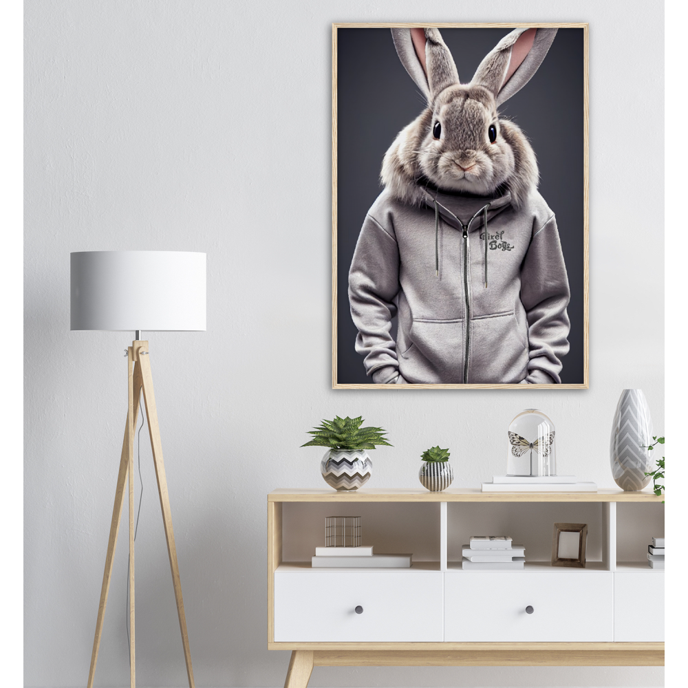 Poster mit Rahmen (Holz) - Bunny in grey Tracksuit - "Titus" - Fashion Gang - Wandbild - Ostern - Geschenkidee - Osterhase - Bunny Crew: "Titus" - "Caesar" - "Constantin" - "Cleo" - Weisser Hase - Easter Bunny - Cute - grey tracksuit - sweats - Alice's Adventures in Wonderland - Modemarke - Pixelboys Brand - Titus der Hase - Hase - Kaninchen  - Künstler: "Pixelboys" - Atelier - Germany - Berlin - Hamburg - Colgne - France - Paris - Italy - Rom - USA - America - New York City - Los Angeles - Chicago - 