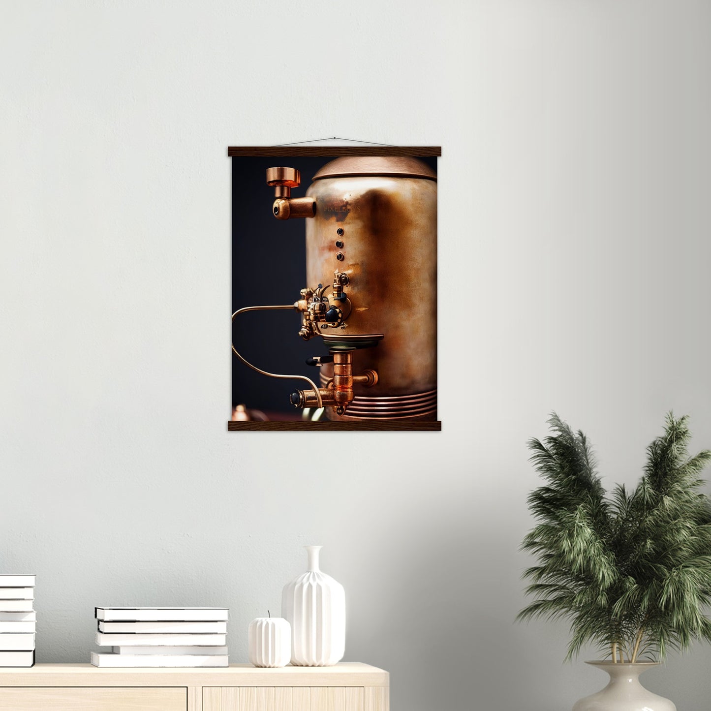 Poster mit Leisten (Holz) - Steampunk - Coffee Maker - No.5 - Collection Cup - Pixelboys - Wandbild - Kunstwerk - Hotelkunst - Kunst auf Postern - Fine Art - Steampunk - Future - Maschine - Poster with frame - Office Poster - Art Brand - Pixelboys - Coffee House - Restaurant Poster - Wall Art - Kunstdruck - Geschenkidee - Kunst auf Acrylglas - Future Coffee Cup - Personalisierbare Tasse - Gastro Tasse - exklusiv - Acryldruck - Gastronomie Poster - Hotelposter - Steam Punk Kitchen -   