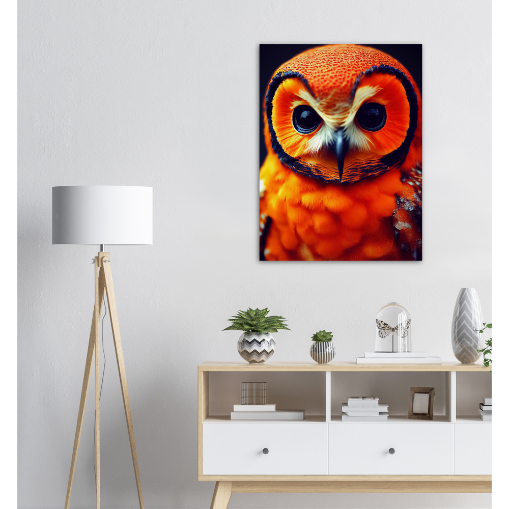 Poster in Museumsqualität - Fruit Owl No. 1 - "Orangina", the orange owl - Serie Fruit Owls - Schleiereulen - lat. Tytonidae - Fruchteulen - Vogel - Bird - Strigiformes - Noctua - Ornithologie - Kunstwerk - Acryldruck - Poster mit Rahmen - Poster mit Leisten - Bedruckte Tassen - Kunst Marke - Art Brand - Pixelboys - Kunstdruck - Acrylbild - Wandbild - Kunstdrucke - Papier: 250g/qm - Künstler: John Grayst & Pixelboys - Eulen - Owl-  - Atelier - England - London - Birmingham - Manchester - Leeds - Liverpool 