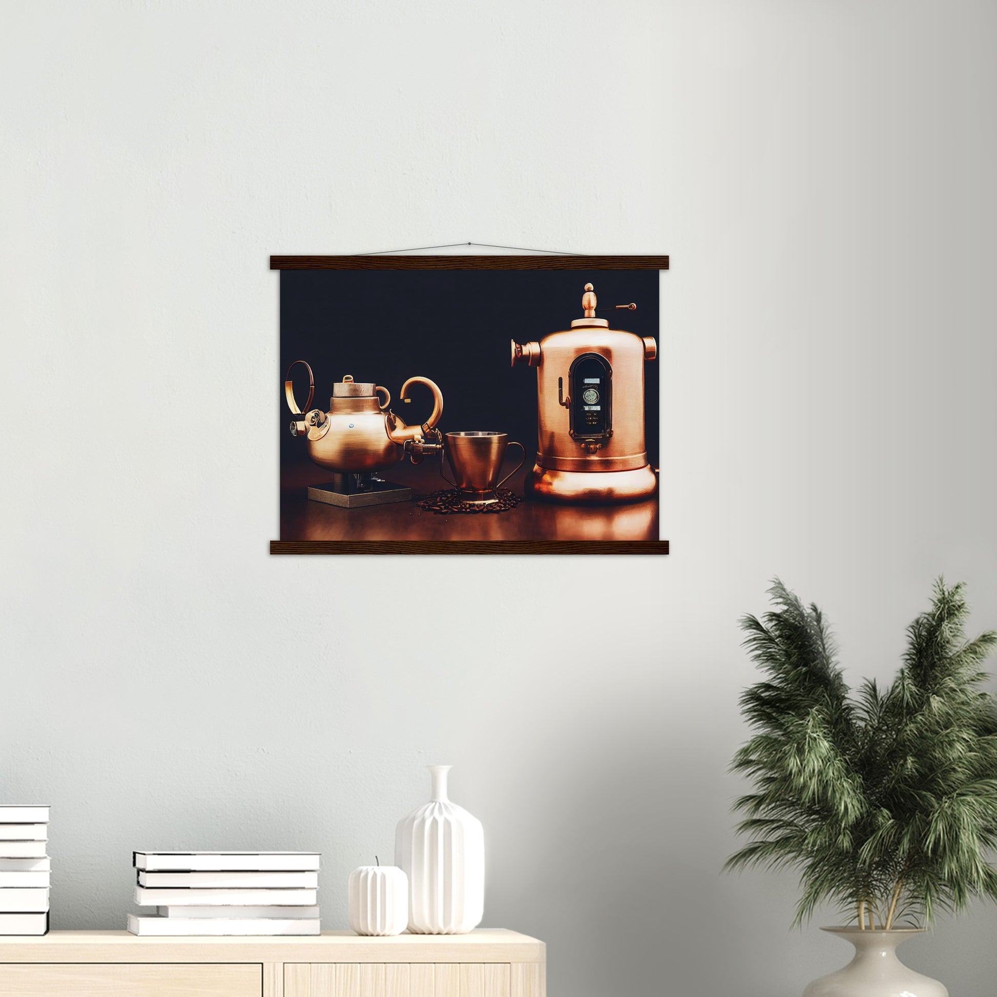 Poster mit Leisten (Holz) - in Museumsqualität - Steampunk - Coffee Maker - No.4 - Collection Cup - Pixelboys - Wandbild - Kunstwerk - Hotelkunst - Kunst auf Postern - Fine Art - Steampunk - Future - Maschine - Poster with frame - Office Poster - Art Brand - Pixelboys - Coffee House - Restaurant Poster - Wall Art - Kunstdruck - Geschenkidee - Kunst auf Acrylglas - Future Coffee Cup - Personalisierbare Tasse - Gastro Tasse - exklusiv - Acryldruck - Gastronomie Poster - Hotelposter - Steam Punk Kitchen -   