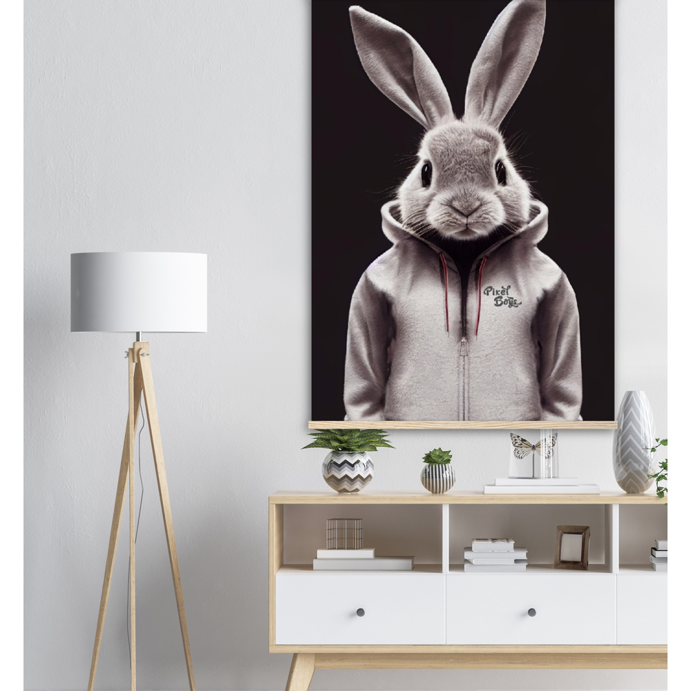 Poster mit Leisten (Holz) - Bunny in grey tracksuit - Fashion Gang - Wandbild - Ostern - Geschenkidee - Osterhase - Bunny Crew: "Valerian" - "Caesar" - "Constantin" - "Cleo"-Titus - Weisser Hase - Easter Bunny - Cute - grey tracksuit - sweats - Alice's Adventures in Wonderland - Modemarke - Pixelboys Brand - Valerian der Hase - Kaninchen  - Künstler: "Pixelboys" - Atelier - Germany - Berlin - Hamburg - Colgne - France - Paris - Italy - Rom - USA - America - New York City - Los Angeles - Chicago - 