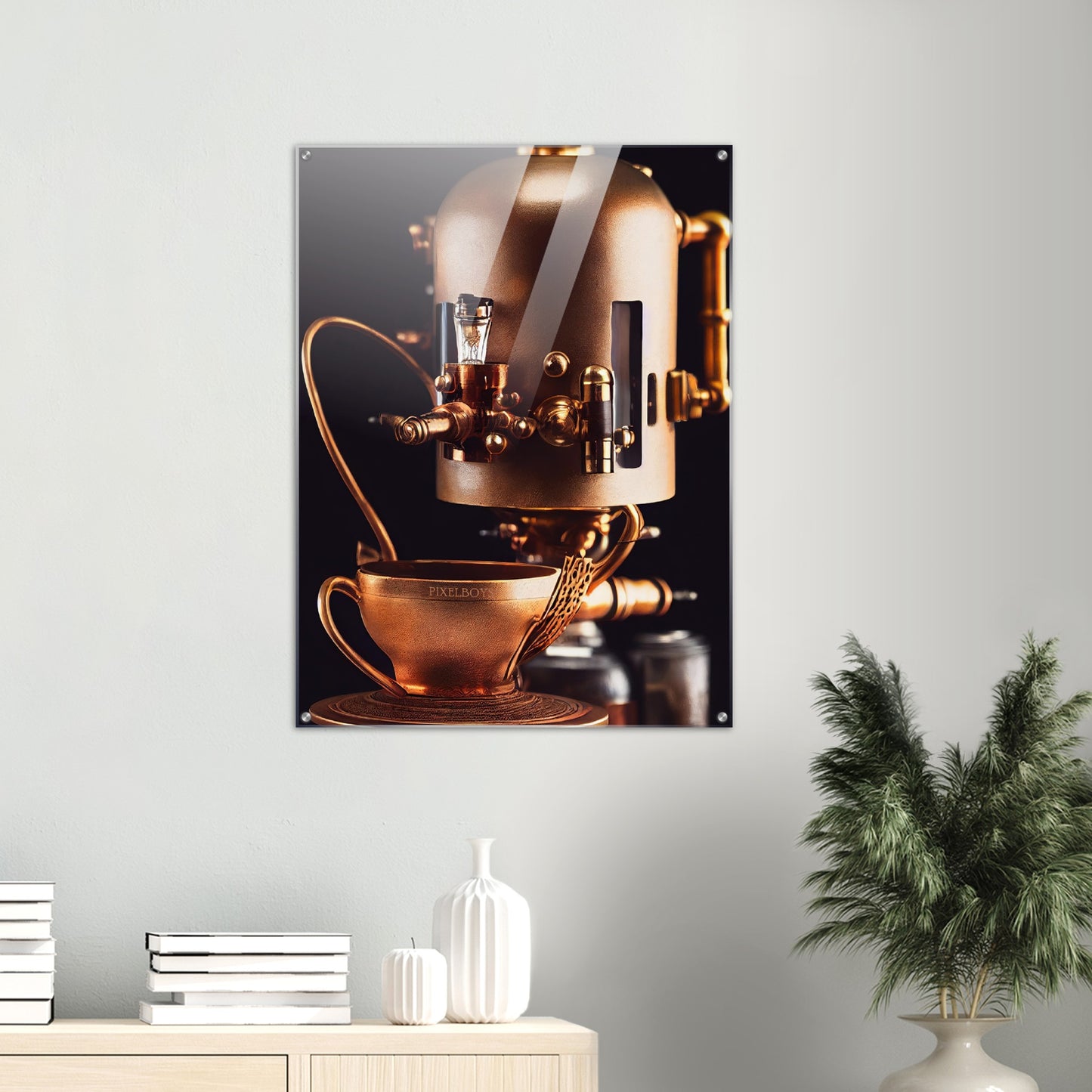 Acrylbild auf Glas - Steampunk - Coffee Maker - No.7 - Collection Cup - Pixelboys - Wandbild - Kunstwerk - Hotelkunst - Kunst auf Postern - Fine Art - Steampunk - Future - Maschine - Poster with frame - Office Poster - Art Brand - Pixelboys - Coffee House - Restaurant Poster - Wall Art - Kunstdruck - Geschenkidee - Kunst auf Acrylglas - Future Coffee Cup - Personalisierbare Tasse - Gastro Tasse - exklusiv - Acryldruck - Gastronomie Poster - Hotelposter - Teestube - Steam Punk Kitchen -   