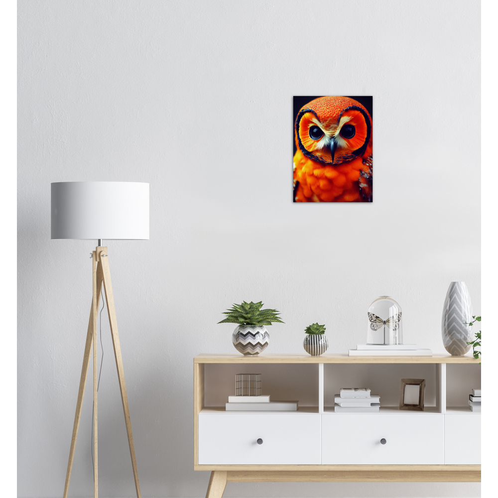 Poster in Museumsqualität - Fruit Owl No. 1 - "Orangina", the orange owl - Serie Fruit Owls - Schleiereulen - lat. Tytonidae - Fruchteulen - Vogel - Bird - Strigiformes - Noctua - Ornithologie - Kunstwerk - Acryldruck - Poster mit Rahmen - Poster mit Leisten - Bedruckte Tassen - Kunst Marke - Art Brand - Pixelboys - Kunstdruck - Acrylbild - Wandbild - Kunstdrucke - Papier: 250g/qm - Künstler: John Grayst & Pixelboys - Eulen - Owl-  - Atelier - England - London - Birmingham - Manchester - Leeds - Liverpool 