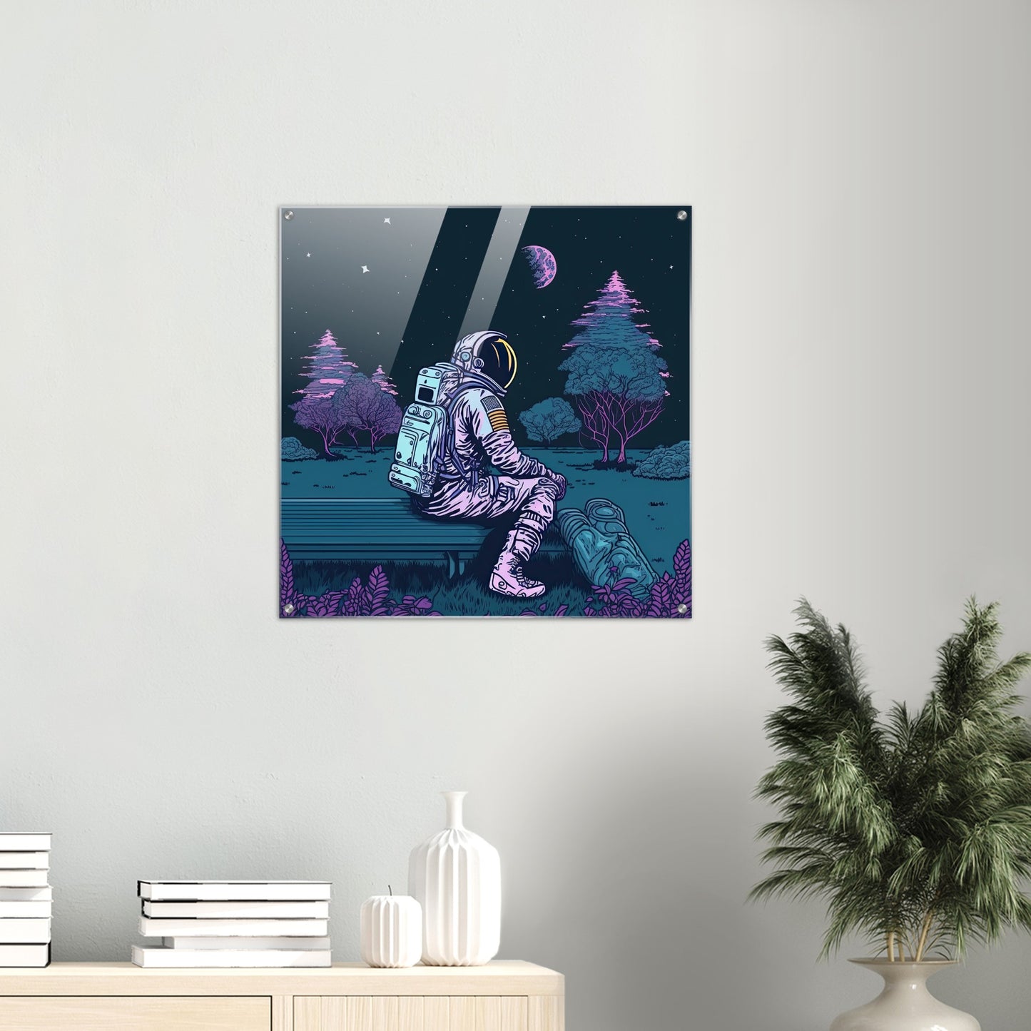 Acrylbild auf Glas - in Museumsqualität - Stargazing Astronaut - John - Illustration - Astronaut - Parkbank - Rocketman - Posterleisten - USA - Fineart - Posterrahmen  - Wandkunst - Holzrahmen - Poster with frame - artwork - art brand - printed cup personalized - Holzleisten - pixelboys - Kunstdrucke - wandbilder - wall art - Kunst auf Tassen  - Office Poster - Gastrotassen - Wanddekoration - Acrylkunst - Geschenkidee - Office Poster - Acryldruck - Abstrakte Kunst -