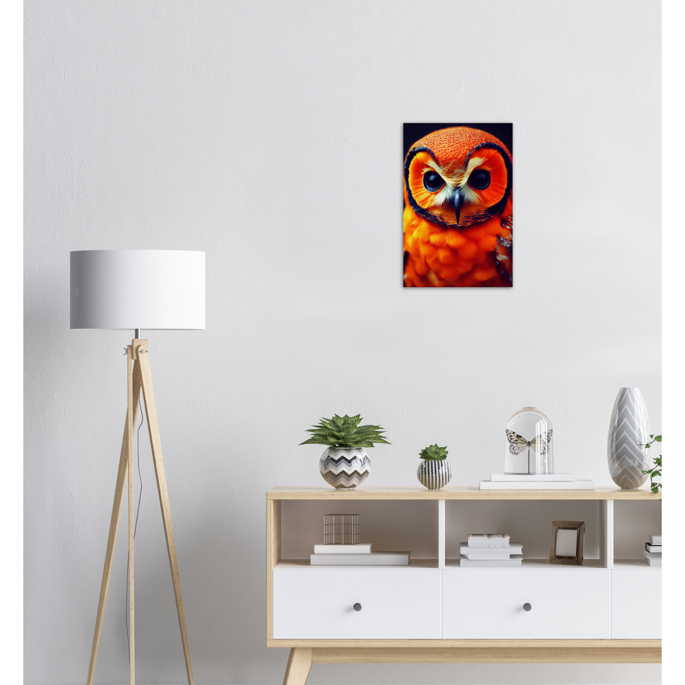 Poster in Museumsqualität - Fruit Owl No. 1 - "Orangina", the orange owl - Serie Fruit Owls - Schleiereulen - lat. Tytonidae - Fruchteulen - Vogel - Bird - Strigiformes - Noctua - Ornithologie - Kunstwerk - Acryldruck - Poster mit Rahmen - Poster mit Leisten - Bedruckte Tassen - Kunst Marke - Art Brand - Pixelboys - Kunstdruck - Acrylbild - Wandbild - Kunstdrucke - Papier: 250g/qm - Künstler: John Grayst & Pixelboys - Eulen - Owl-  - Atelier - England - London - Birmingham - Manchester - Leeds - Liverpool 