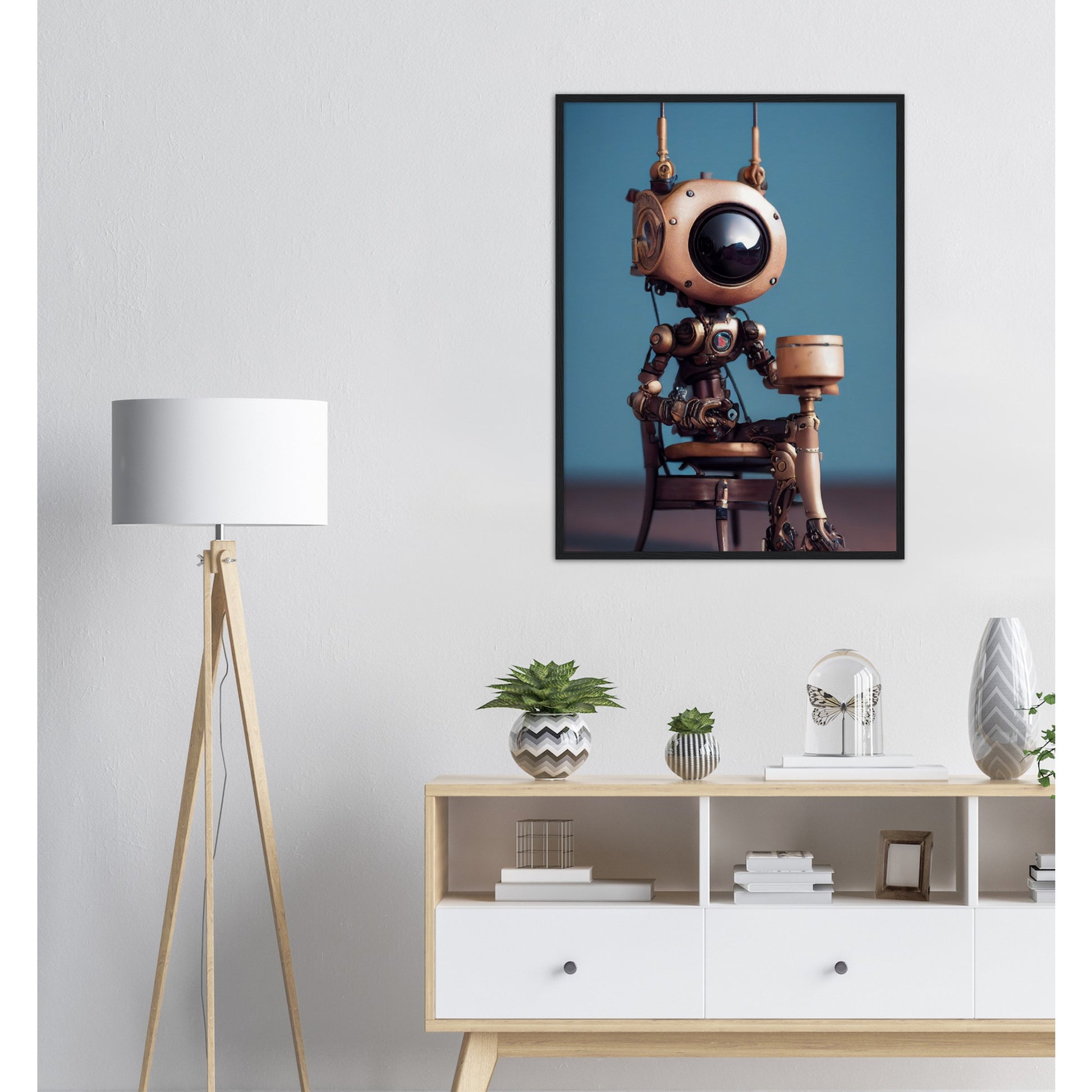 Poster mit Rahmen (Holz) in Museumsqualität - Tiny robot with a present - "Tiny Sam" - Wandbild - Customizable Coffee Cup - Personalized Gifts - Kunstdruck - Roboter mit Geschenk - Steampunk - Acryldruck - Present Robots - Personalized Gifts - Poster with frame - nr.5 lebt - zukunft - Kunstwerk - Office Poster - Poster mit Rahmen - Kaffee Tasse  - Bedruckte Tassen - Kunst Marke - Art Brand - Wandbild - Kunstdrucke - Künstler: John Grayst & Pixelboys - emotional robots - Geschenkidee - Wall Art -