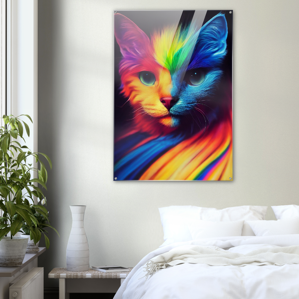 Acrylbild auf Glas - Farbenfrohe Regenbogen Katze "Kitty" - Pride Bewegung Maskottchen - Acryldruck - XXL