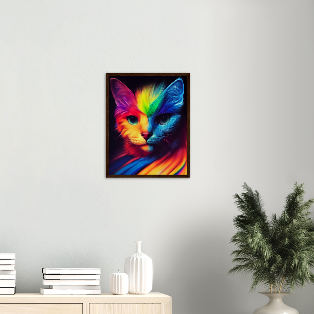 Poster mit Rahmen - Farbenfrohe Regenbogen Katze "Kitty" Poster Set mit Holzrahmen - In vielen verschiedenen Größen - auch in XXL verfügbar!