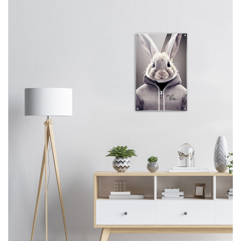 Acrylbild - Bunny in grey Hoodie - "Constantin" - Fashion Gang - Acryldruck - Ostern - Geschenkidee - Osterhase - Bunny Crew: "Constantin" - "Caesar" - "Titus" - "Cleo" - Weisser Hase - Easter Bunny - Cute - grey Hoodie - sweats - Alice's Adventures in Wonderland - Modemarke - Pixelboys Brand - Constantin der Hase - Hase - Kaninchen  - Künstler: "Pixelboys" - Atelier - Germany - Berlin - Hamburg - Colgne - France - Paris - Italy - Rom - USA - America - New York City - Los Angeles - Chicago - 