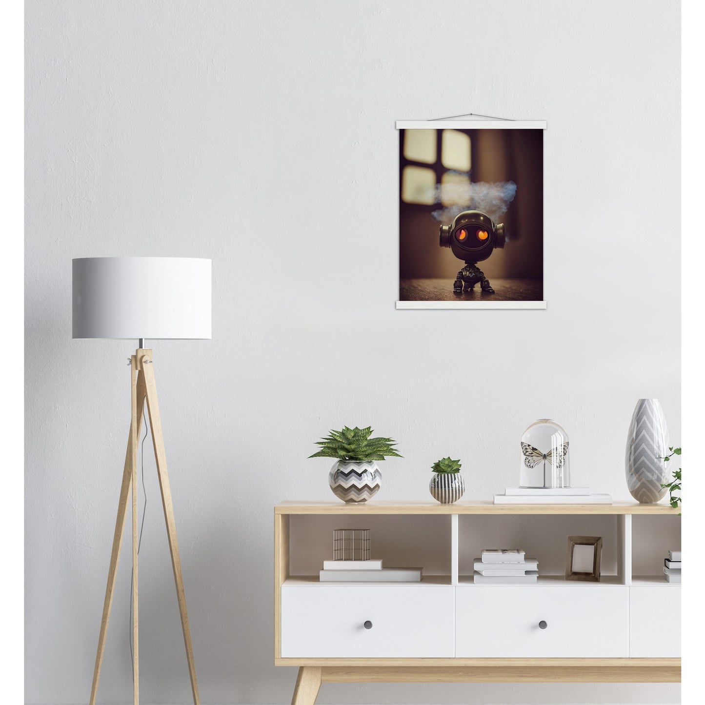 Poster mit Leisten (Holz) in Museumsqualität - Tiny robot - with smoke around his head - "Tiny Tim" - Wandbild - Customizable Coffee Cup - Personalized Gifts - Kunstdruck - Rauchender Roboter - Steampunk - Acryldruck - Smoking Robots - Personalized Gifts - Poster with frame - Wall Art - - zukunft - Kunstwerk - Office Poster - Poster mit Rahmen - Kaffee Tasse  - Bedruckte Tassen - Kunst Marke - Art Brand - Wandbild - Kunstdrucke - Künstler: John Grayst & Pixelboys - emotional robots - Geschenkidee 