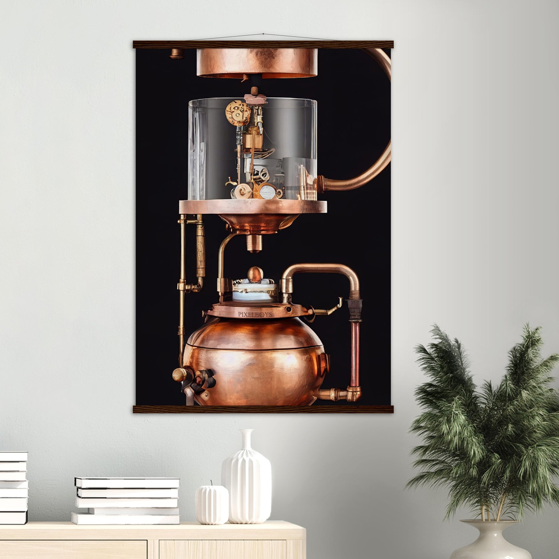 Poster mit Leisten (Holz) - Steampunk - Coffee Maker - No.6 - Collection Cup - Pixelboys - Wandbild - Kunstwerk - Hotelkunst - Kunst auf Postern - Fine Art - Steampunk - Future - Maschine - Poster with frame - Office Poster - Art Brand - Pixelboys - Coffee House - Restaurant Poster - Wall Art - Kunstdruck - Geschenkidee - Kunst auf Acrylglas - Future Coffee Cup - Personalisierbare Tasse - Gastro Tasse - exklusiv - Acryldruck - Gastronomie Poster - Hotelposter - Teestube - Steam Punk Kitchen -   