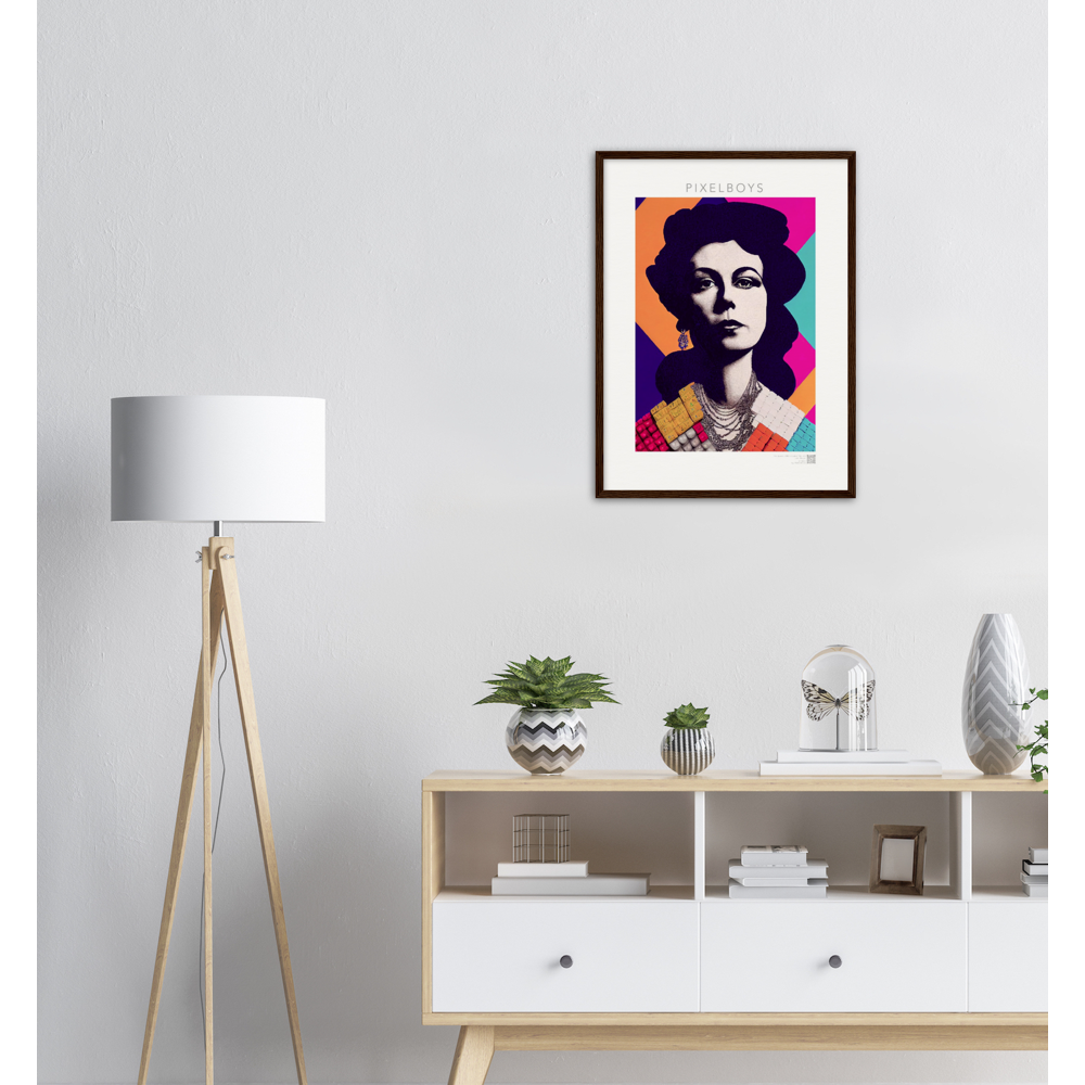 Poster mit Rahmen (Holz) - in Museumsqualität - The Queen No.3 - HRH in cubes - Kunstdruck - 250g/qm - Queen Elisabeth II - Monarch - HRH - His/Her Royal Highness - Groß Britannien - Commonwealth - The Royal Family - Wandbild - Kubismus - synthetischen Kubismus - Georges Braque - Künstler: "John Grayst" - Atelier - UK - GB - London - RIP 