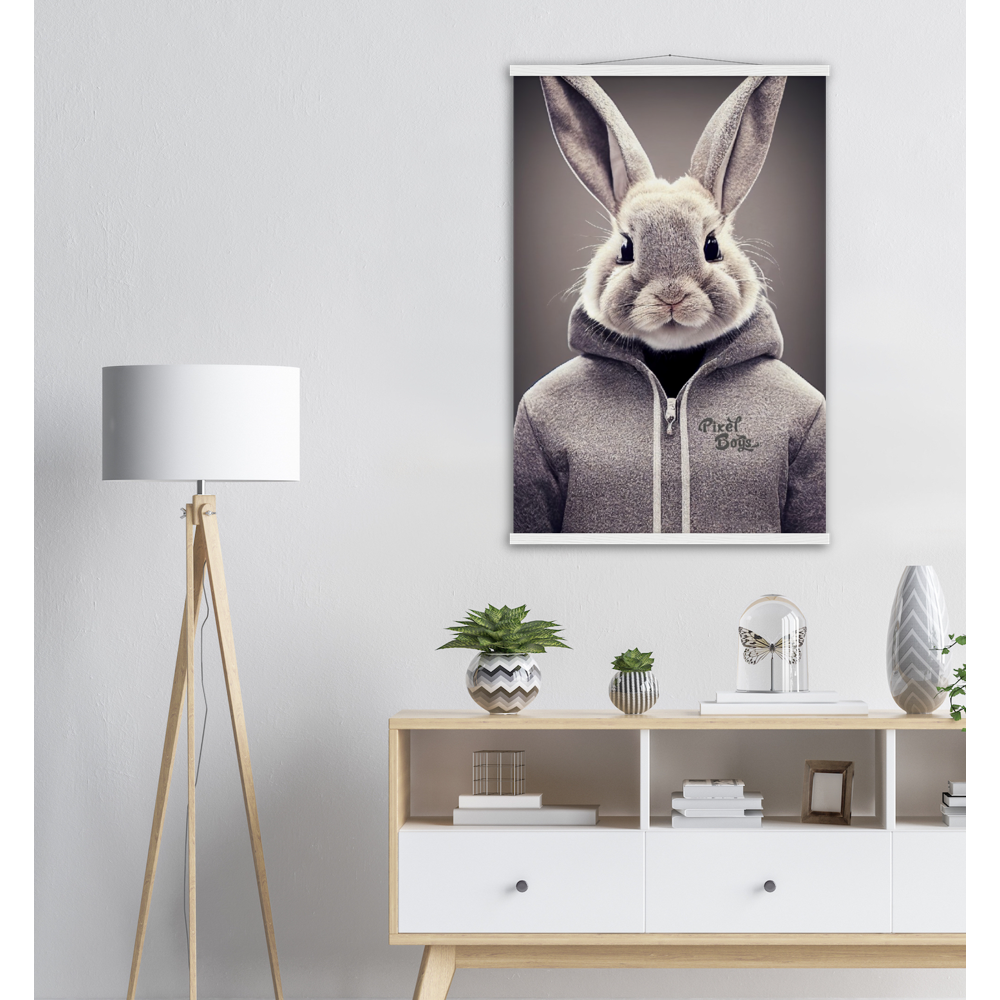 Poster mit Leisten (Holz) - Bunny in grey Hoodie - "Constantin" - Fashion Gang - Wandbild - Ostern - Geschenkidee - Osterhase - Bunny Crew: "Constantin" - "Caesar" - "Titus" - "Cleo" - Weisser Hase - Easter Bunny - Cute - grey Hoodie - sweats - Alice's Adventures in Wonderland - Modemarke - Pixelboys Brand - Constantin der Hase - Hase - Kaninchen  - Künstler: "Pixelboys" - Atelier - Germany - Berlin - Hamburg - Colgne - France - Paris - Italy - Rom - USA - America - New York City - Los Angeles - Chicago - 