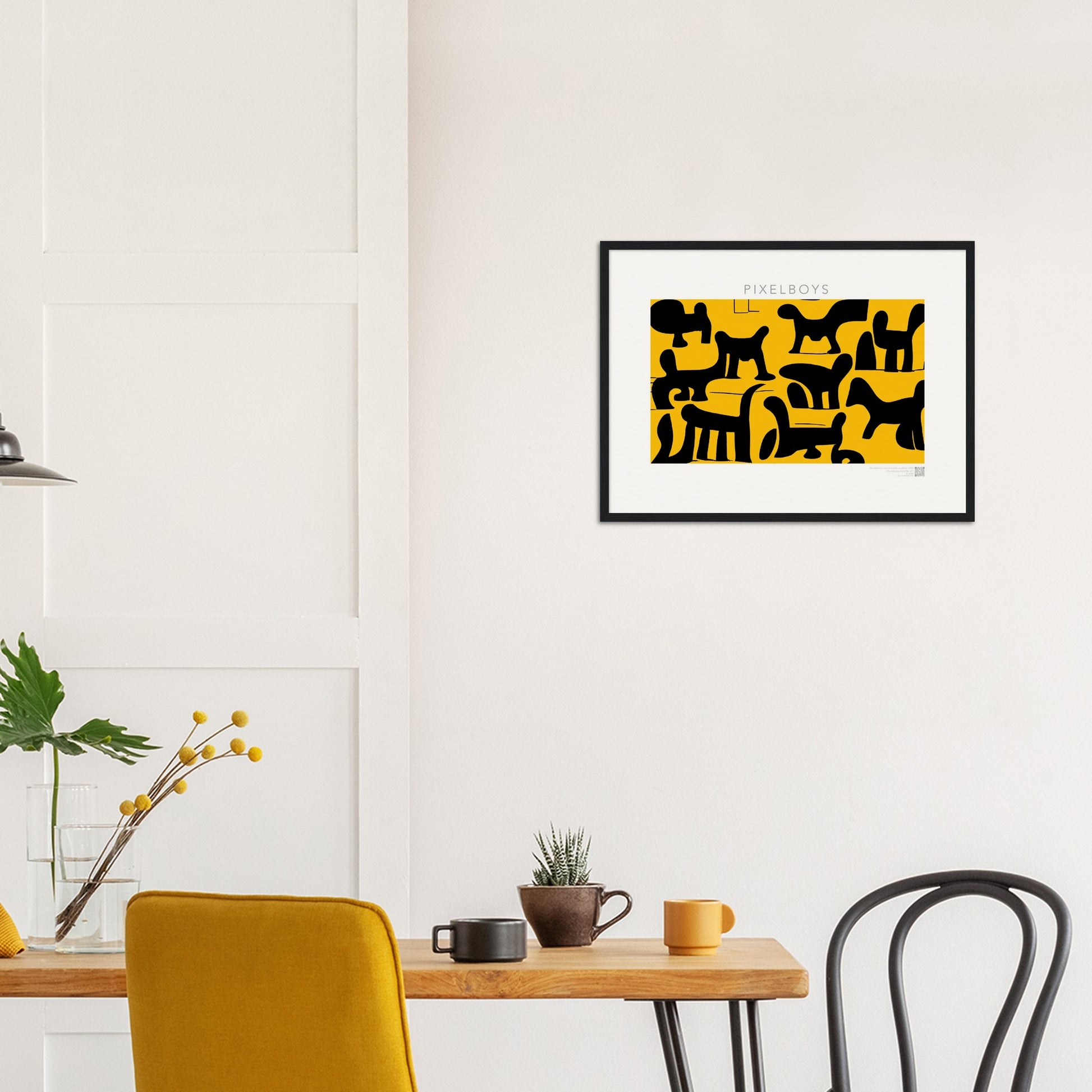 Poster mit Rahmen (Holz) - Doodlemania "weird animals on yellow" - No.3 - bedruckte Tasse-  gelb - Cup - Hunde - Katzen - Doodle Kunst - dogs - Cats - gastro - Poster mit Rahmen - doodle artwork - Acrylbild - Kunstdruck - Wandbild - office Poster - Poster with frame -  Künstler: Pixelboys & The Unknown Artist Nb.517 - keith haring - Gastro Art - anti stress art - Art Brand - Kunstdruck - Gastro Tasse - 