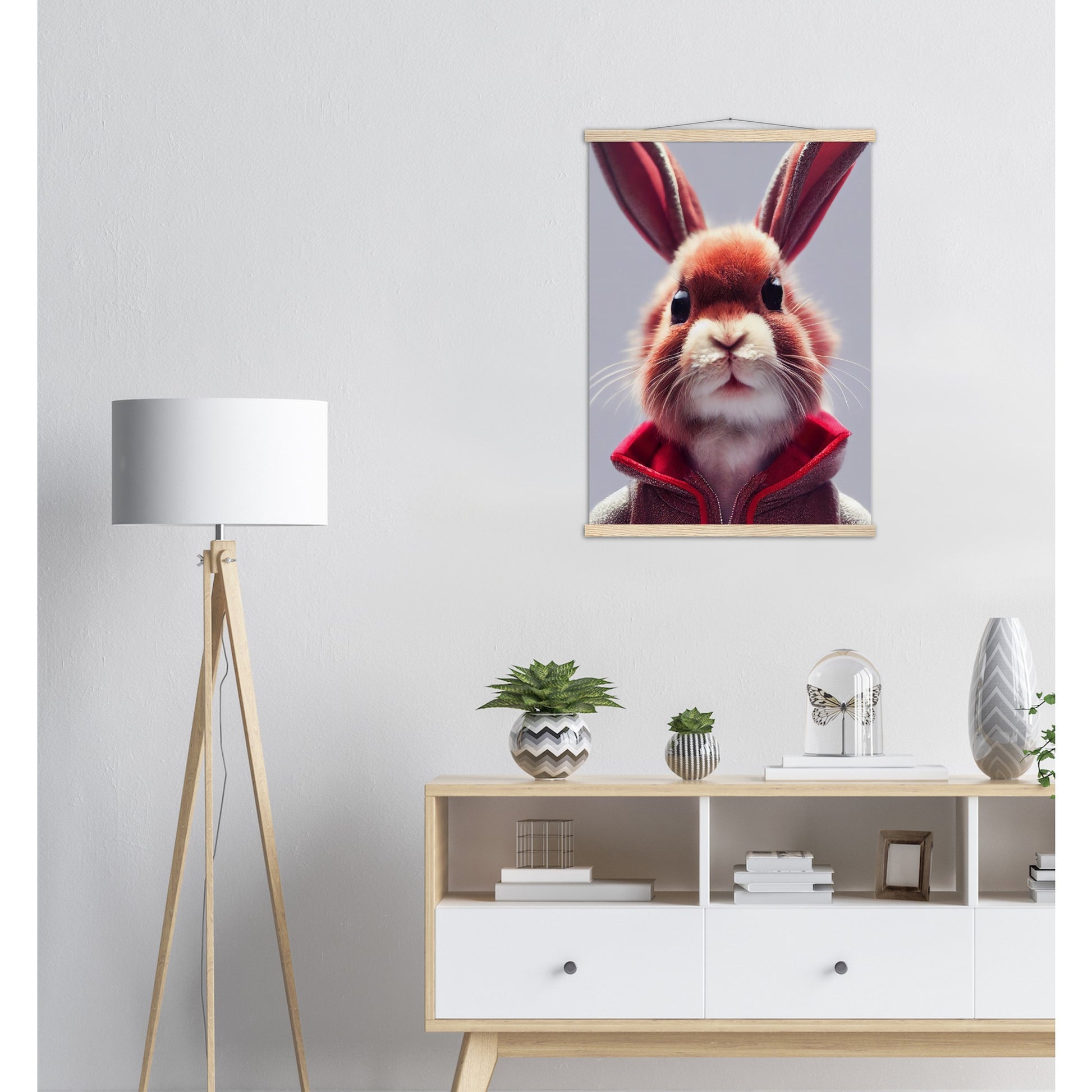 Poster mit Leisten (Holz)- Museumsqualität - Bunny in grey red tracksuit - "Julius" - personalized mug - customized mug - Cute rabbit - Marke:- Pixelboys - Brand - Art Prints - Marke - Wandkunst - Papierstärke: 250g/qm - Wall Art - Bunny crew - Skater Betty - Hasen Gang - Original - Künstler:Pixelboys - Poster with frame - Office Poster - Acrylkunst - Trend - Wandschmuck - Acrylbild - Atelier Canada - 